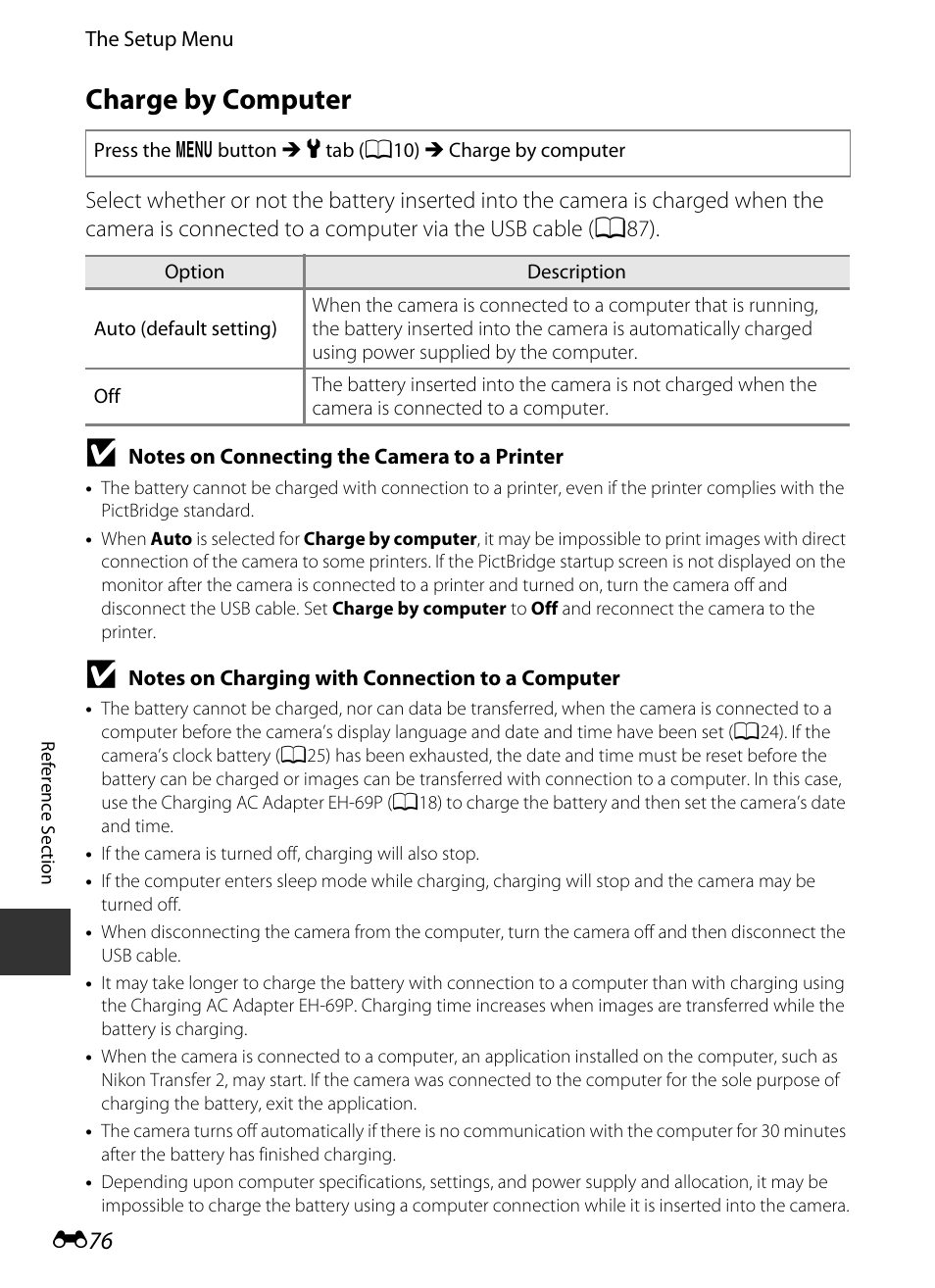 Charge by computer, E76) in, E 76 | Nikon P520 User Manual | Page 200 / 244