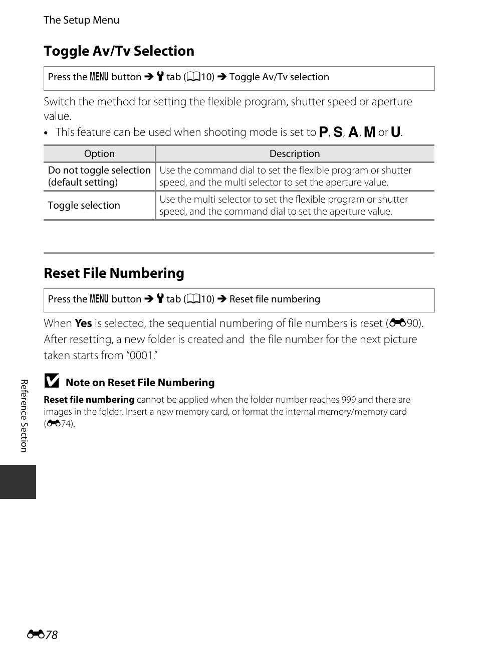 Toggle av/tv selection, Reset file numbering | Nikon P520 User Manual | Page 202 / 244