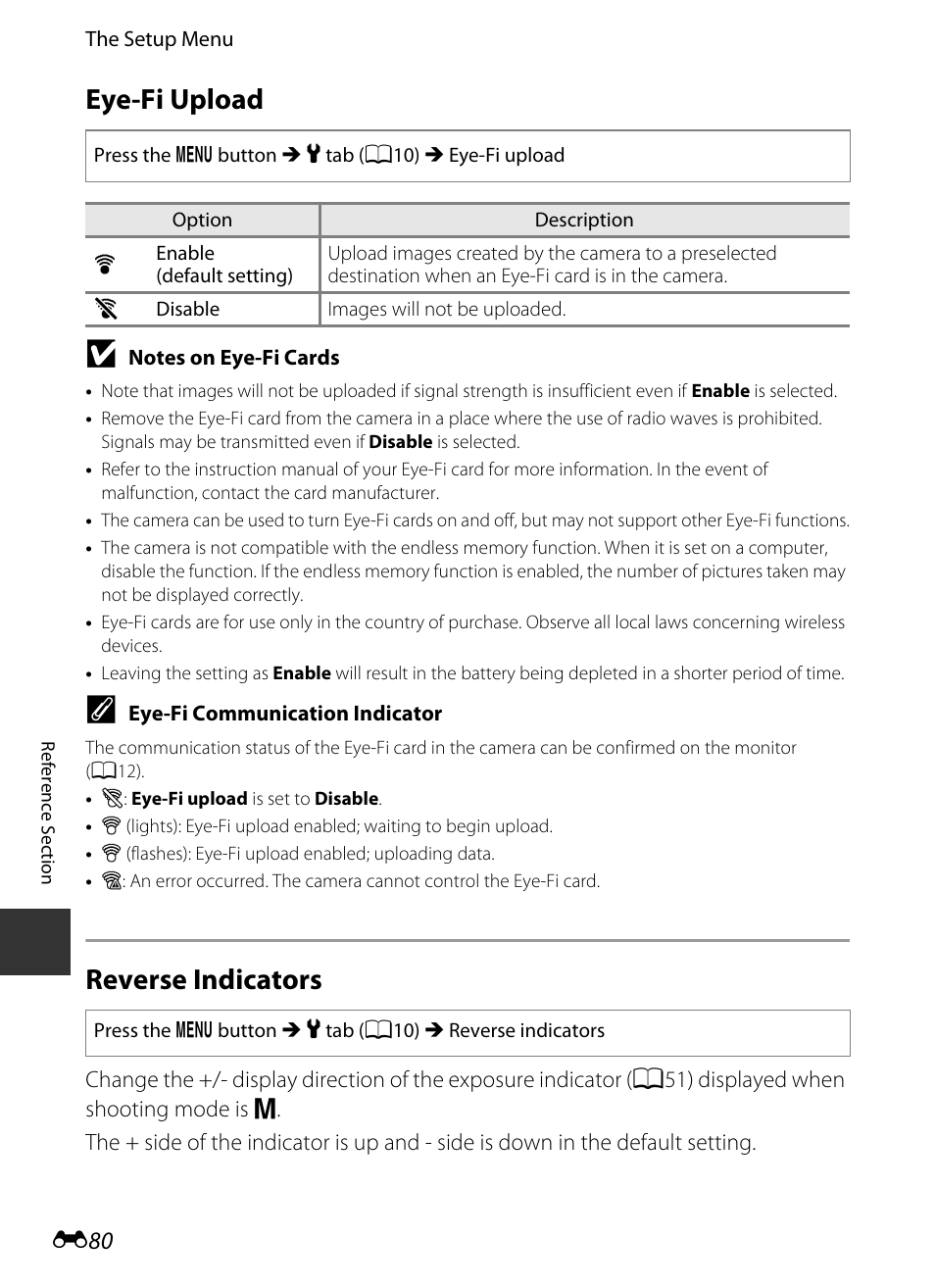 Eye-fi upload, Reverse indicators, E 80 | Nikon P520 User Manual | Page 204 / 244