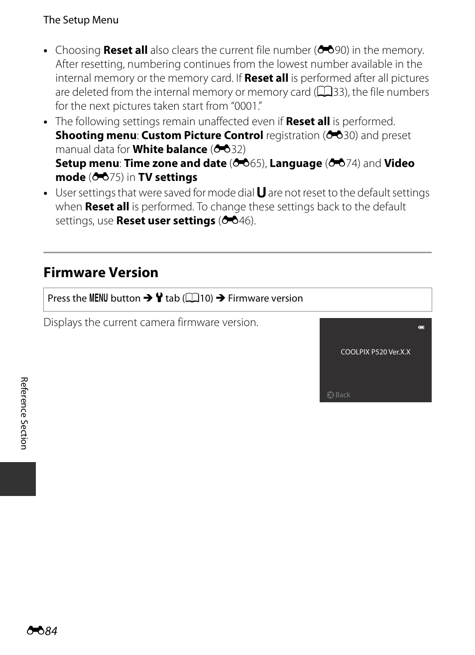 Firmware version | Nikon P520 User Manual | Page 208 / 244