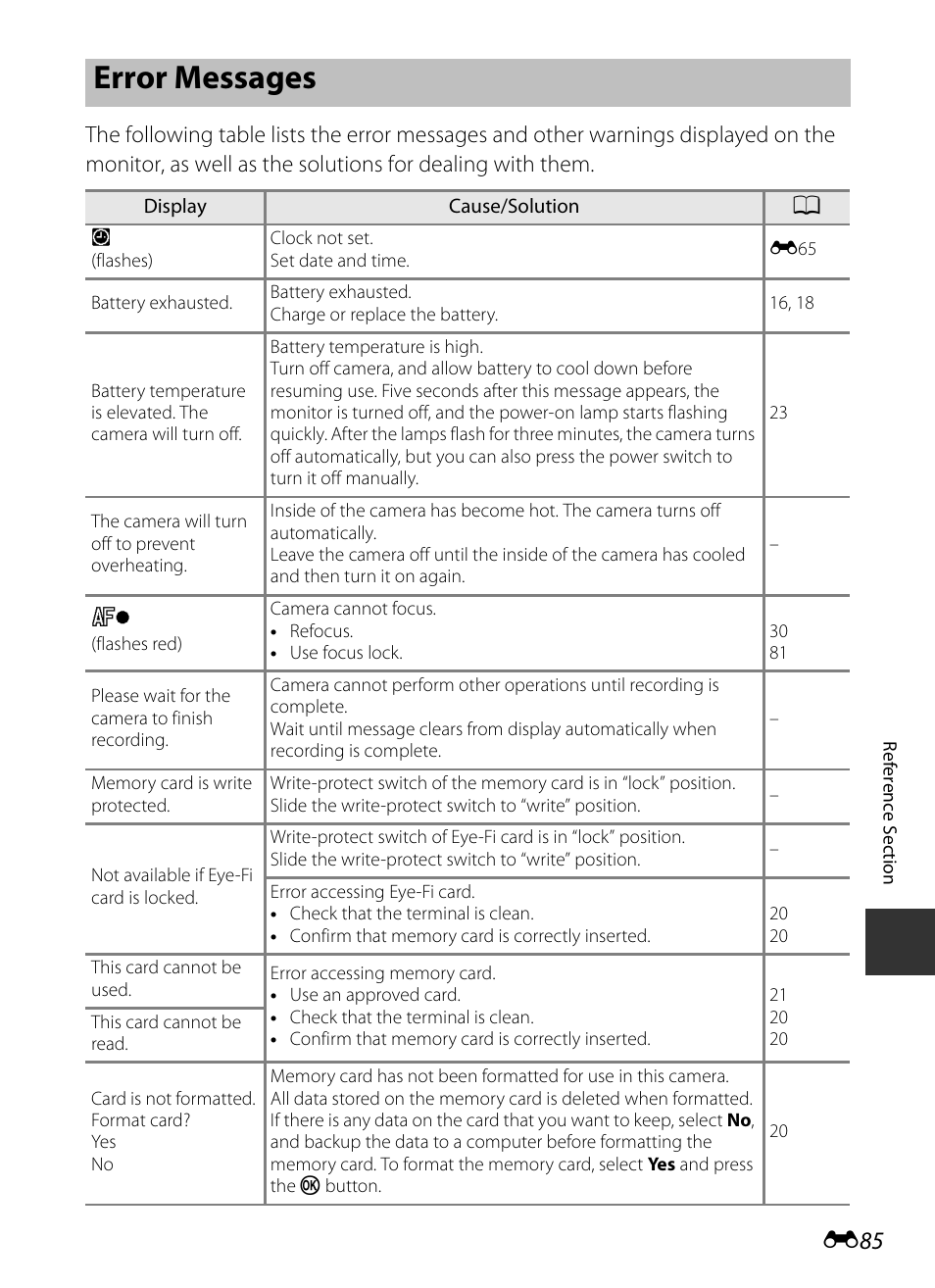 Error messages, Additional information, E 85 | Nikon P520 User Manual | Page 209 / 244