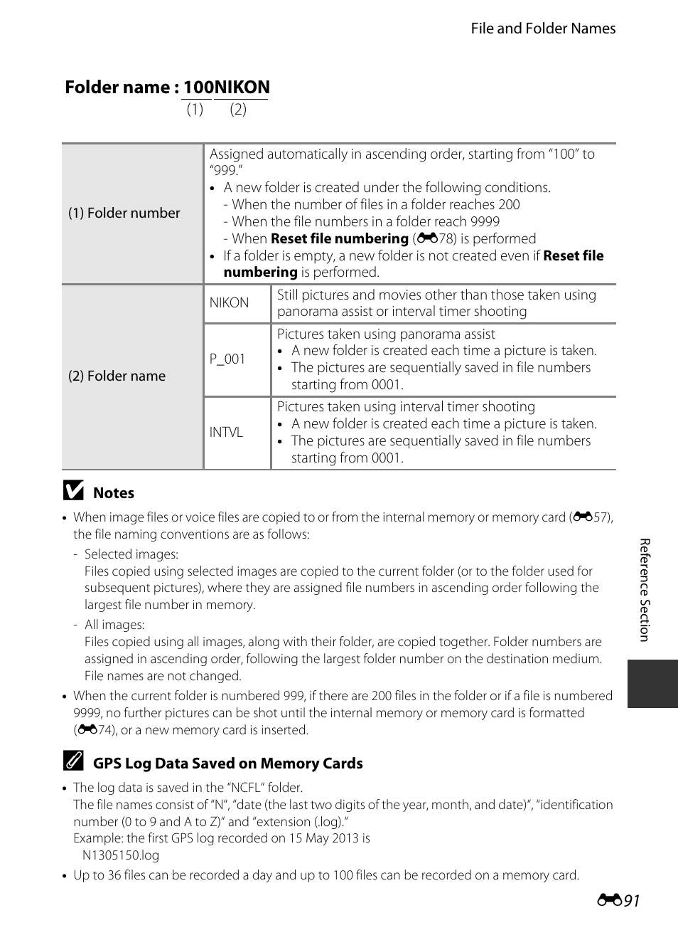 Gps log data saved on memory cards, Folder name : 100nikon, E 91 | Nikon P520 User Manual | Page 215 / 244