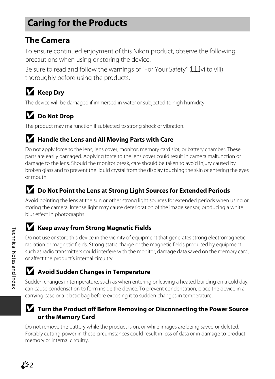 Caring for the products, The camera | Nikon P520 User Manual | Page 218 / 244