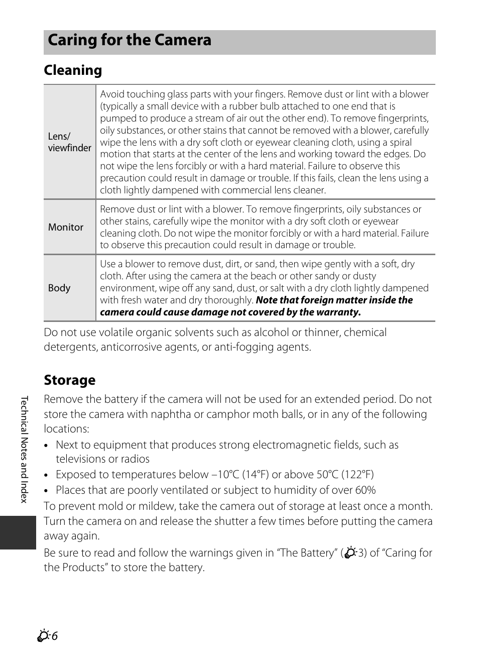 Caring for the camera, Cleaning, Storage | Nikon P520 User Manual | Page 222 / 244