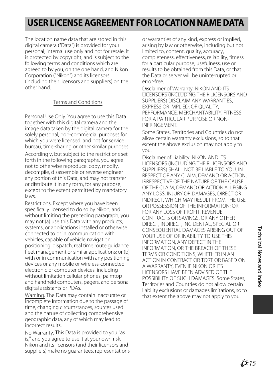 User license agreement for location name data, F15), F 15 | Nikon P520 User Manual | Page 231 / 244