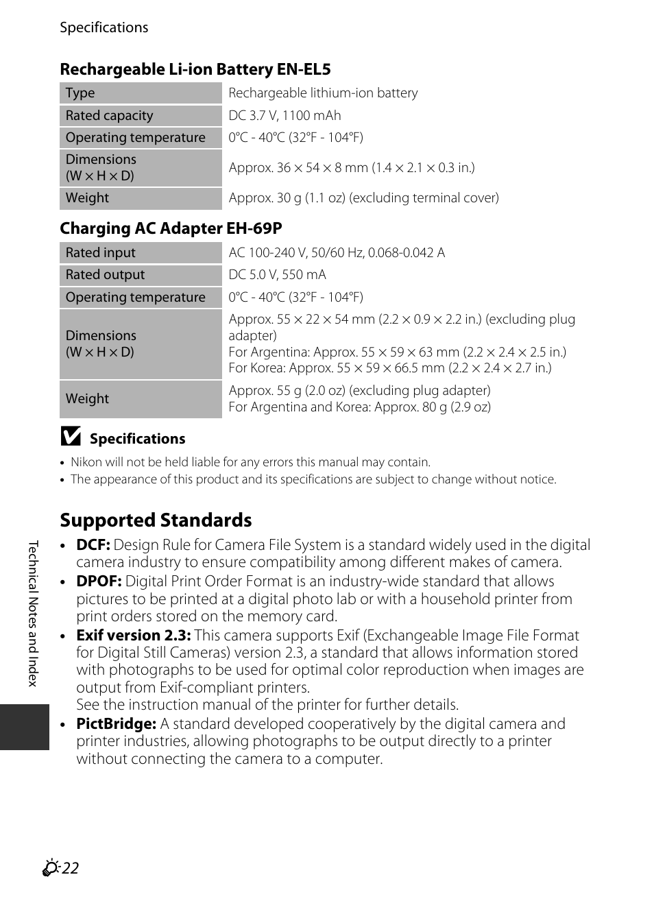 Supported standards, Tible, F22) printers can co | F22), F22) printer | Nikon P520 User Manual | Page 238 / 244