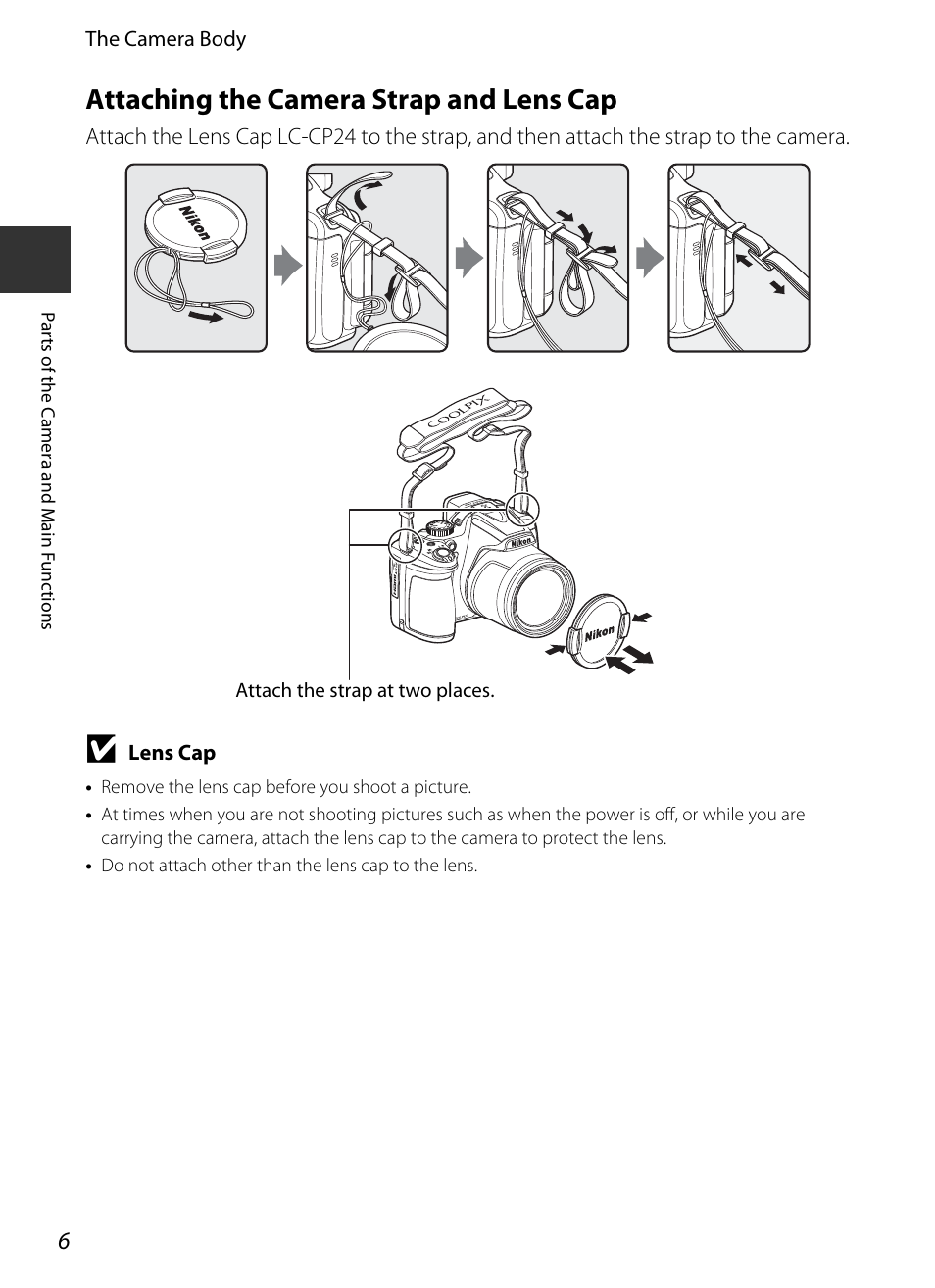 Attaching the camera strap and lens cap | Nikon P520 User Manual | Page 24 / 244