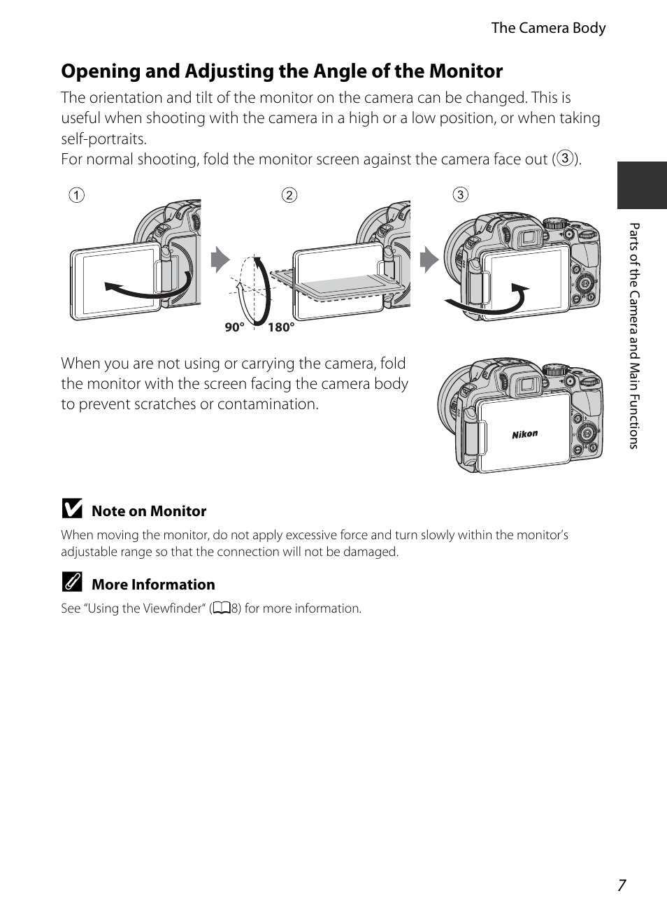 Opening and adjusting the angle of the monitor | Nikon P520 User Manual | Page 25 / 244