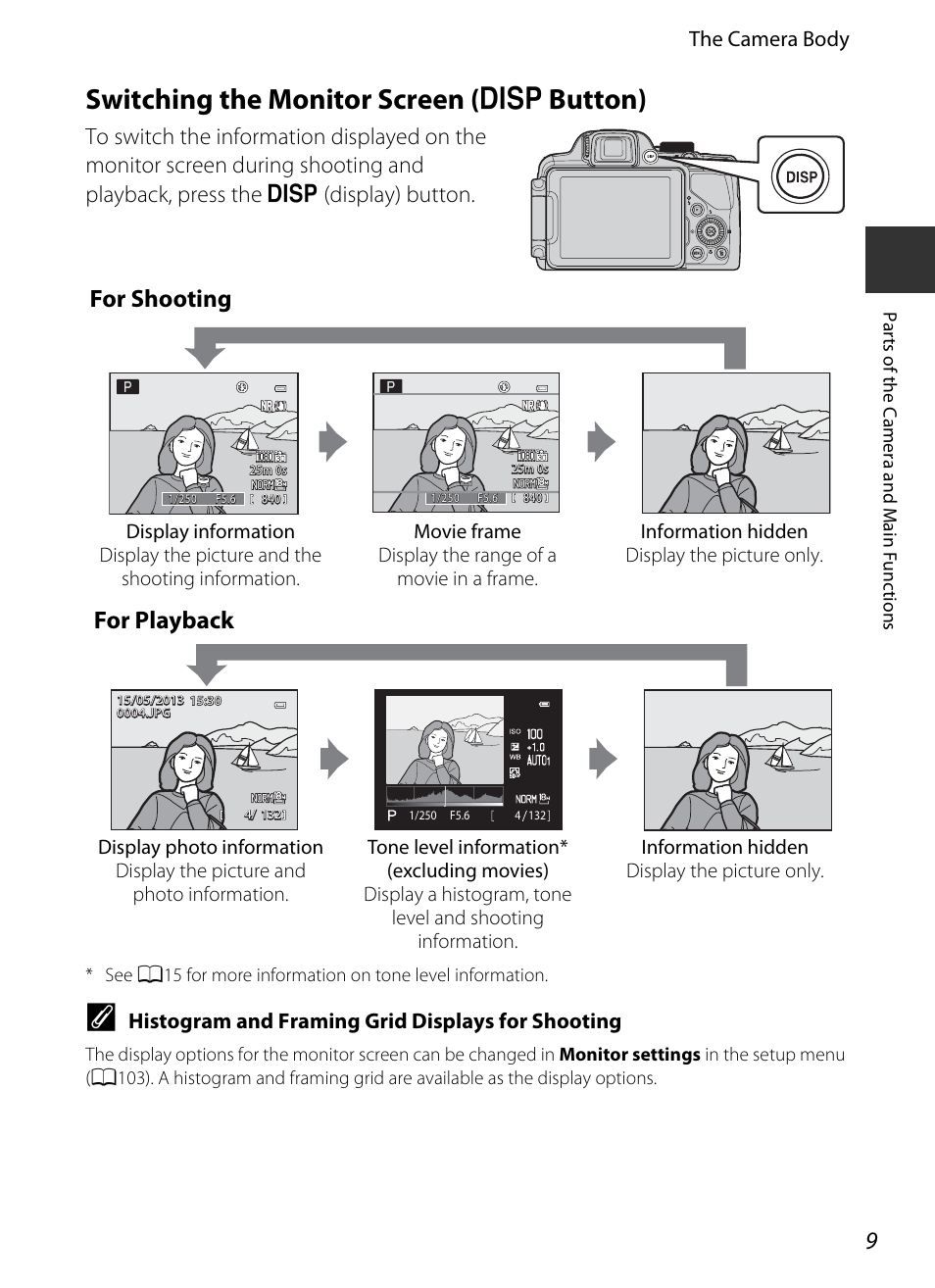 Switching the monitor screen (disp button), Switching the monitor screen, S button) | Switching the monitor screen ( s button), For shooting, For playback, The camera body, Histogram and framing grid displays for shooting | Nikon P520 User Manual | Page 27 / 244