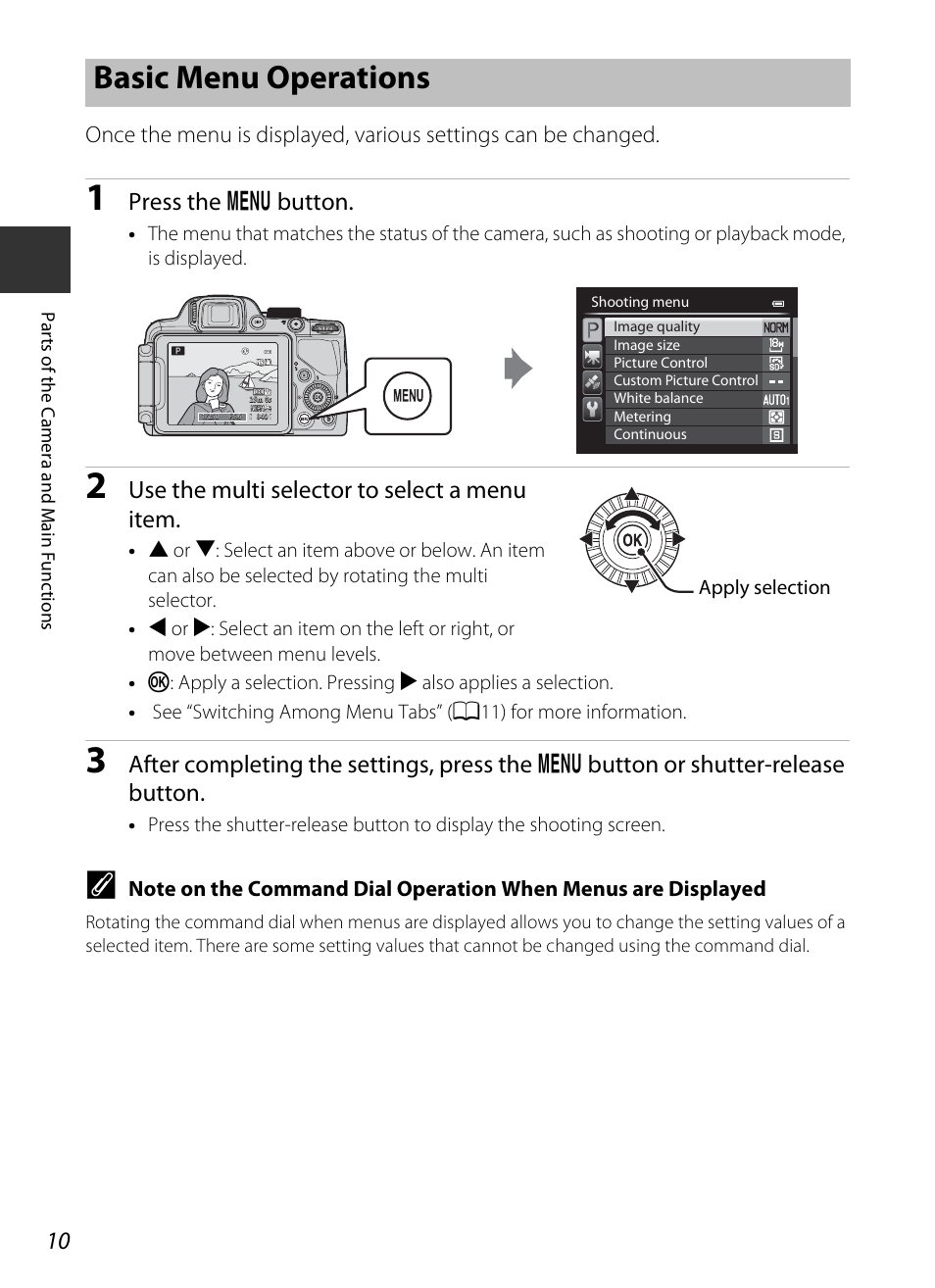 Basic menu operations, Press the d button, Use the multi selector to select a menu item | Nikon P520 User Manual | Page 28 / 244