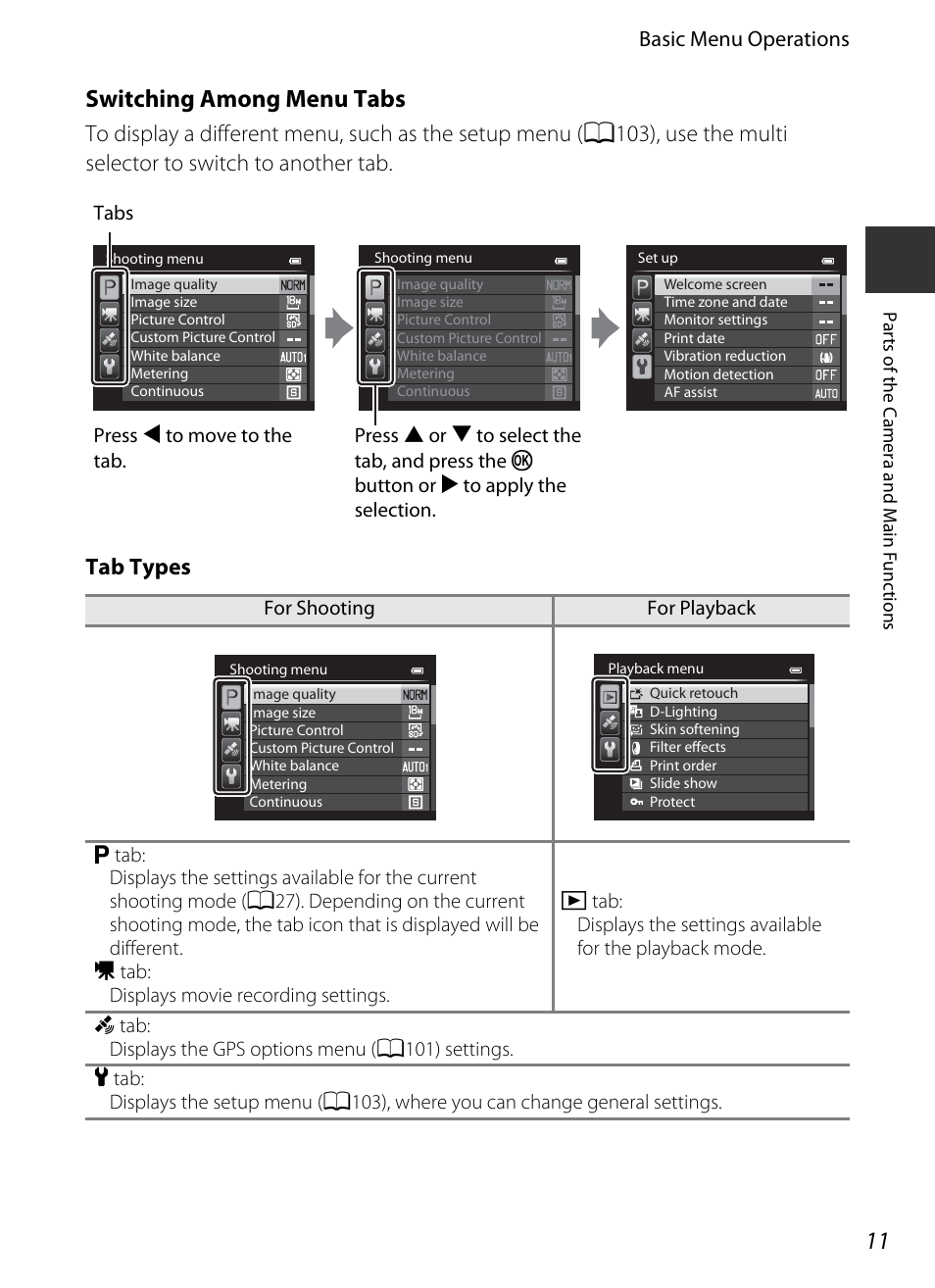 Switching among menu tabs, Basic menu operations | Nikon P520 User Manual | Page 29 / 244