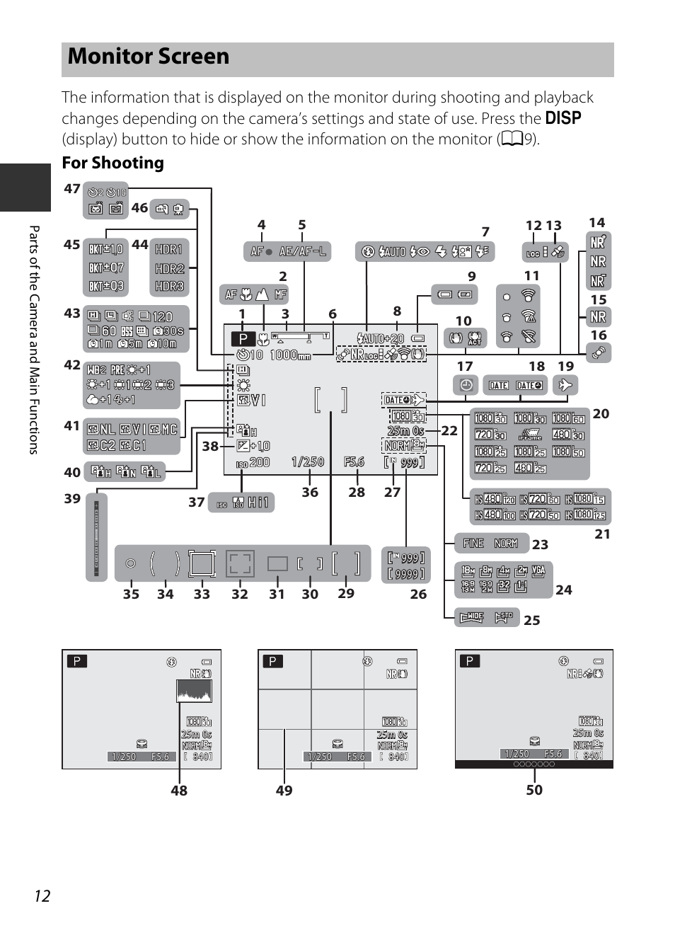 Monitor screen, For shooting | Nikon P520 User Manual | Page 30 / 244