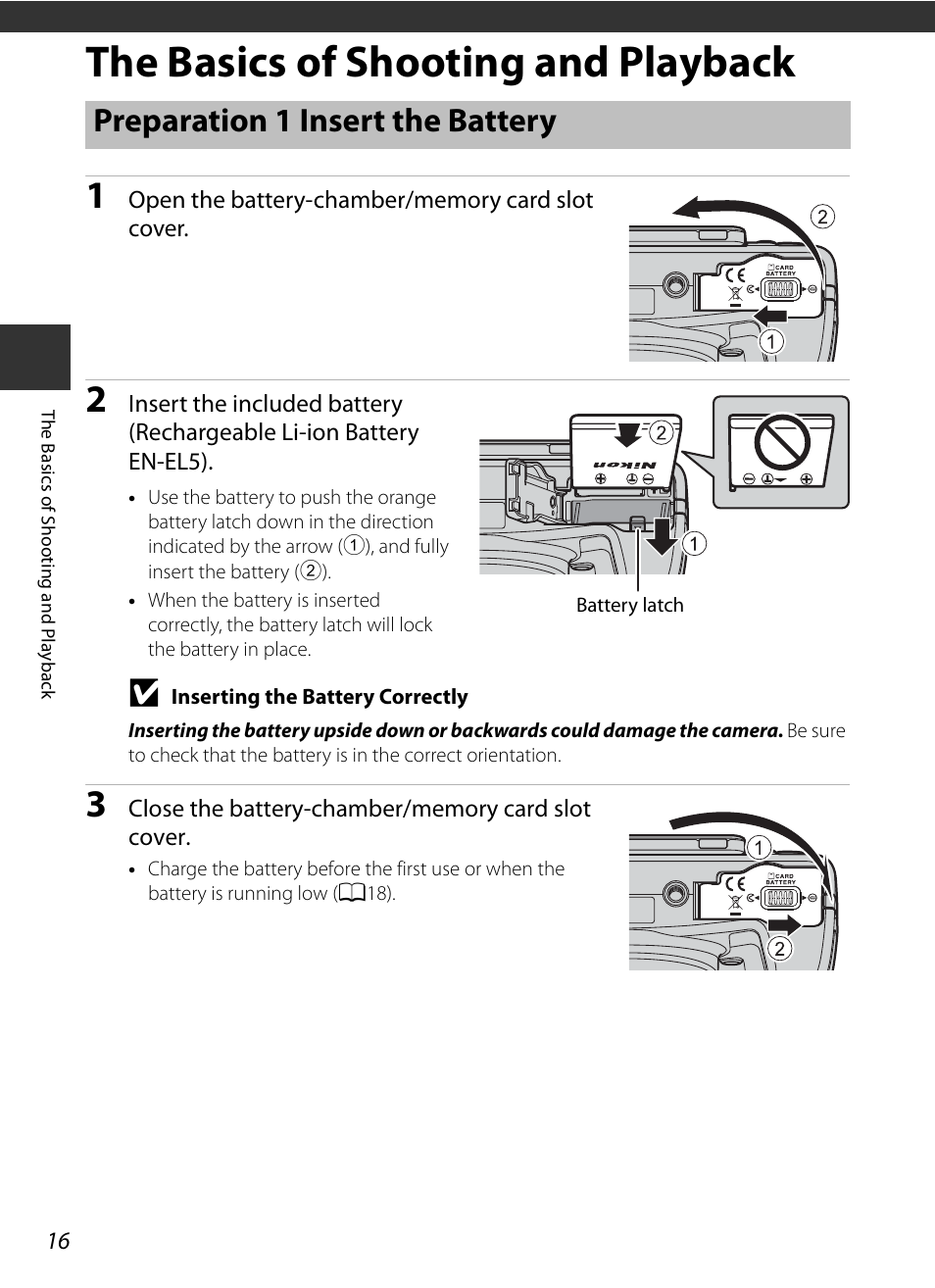 The basics of shooting and playback, Preparation 1 insert the battery | Nikon P520 User Manual | Page 34 / 244