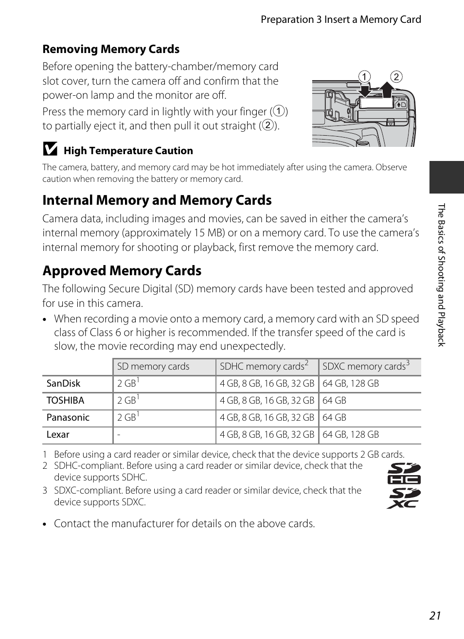 Internal memory and memory cards, Approved memory cards | Nikon P520 User Manual | Page 39 / 244