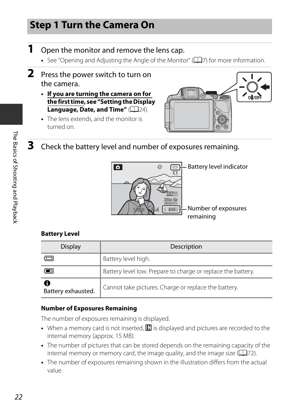 Step 1 turn the camera on, Open the monitor and remove the lens cap, Press the power switch to turn on the camera | Nikon P520 User Manual | Page 40 / 244