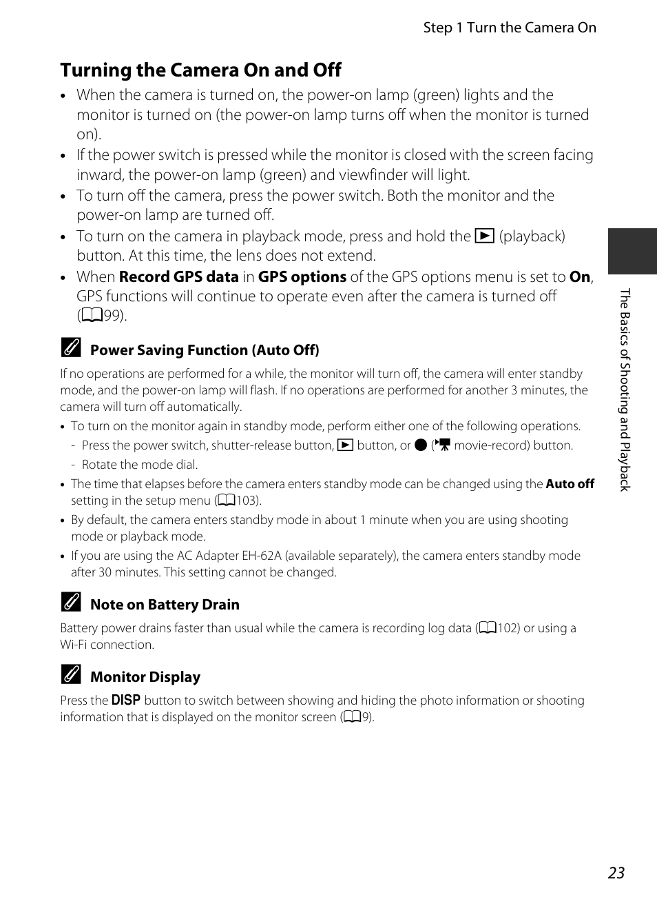 Turning the camera on and off, Ra off, A23) | Nikon P520 User Manual | Page 41 / 244