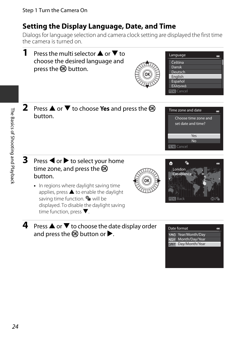 Setting the display language, date, and time, A24) | Nikon P520 User Manual | Page 42 / 244