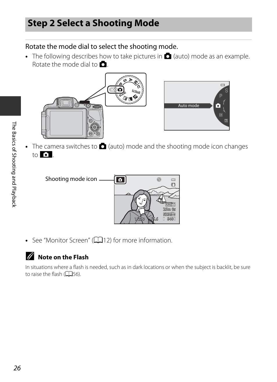 Step 2 select a shooting mode, Rotate the mode dial to select the shooting mode | Nikon P520 User Manual | Page 44 / 244