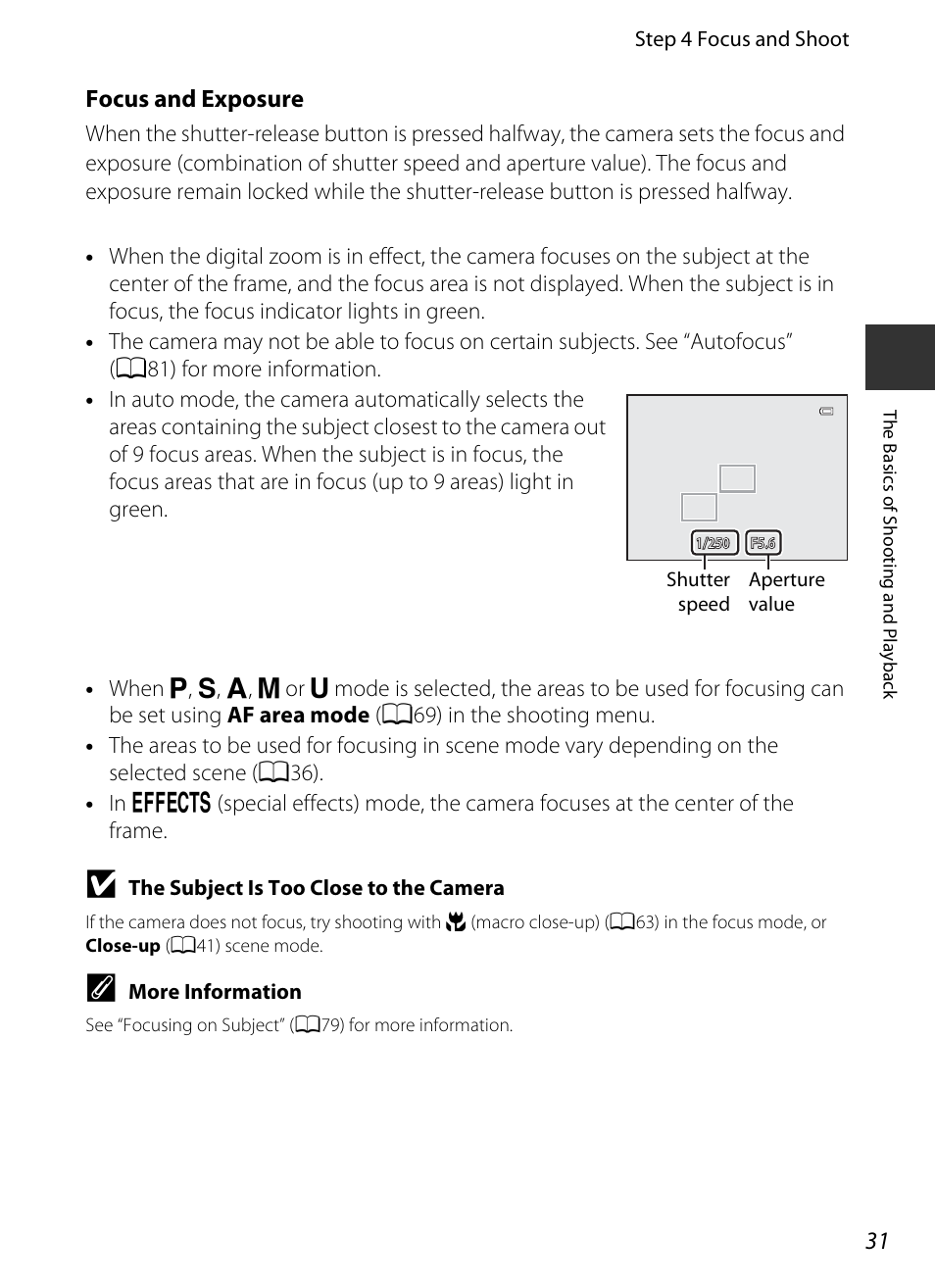 Focus and exposure, A31) for | Nikon P520 User Manual | Page 49 / 244