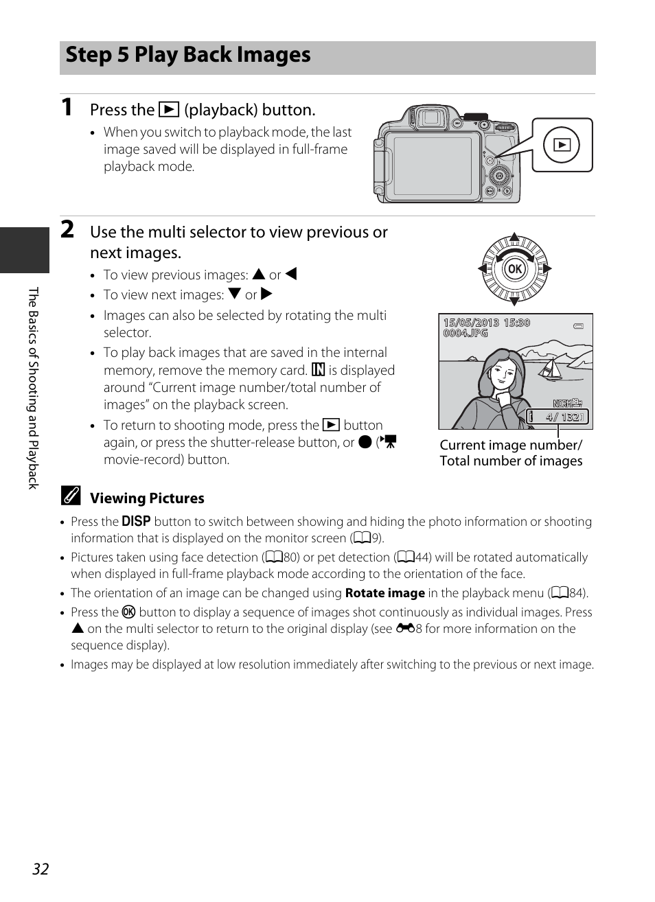 Step 5 play back images, A32), Press the c (playback) button | Nikon P520 User Manual | Page 50 / 244