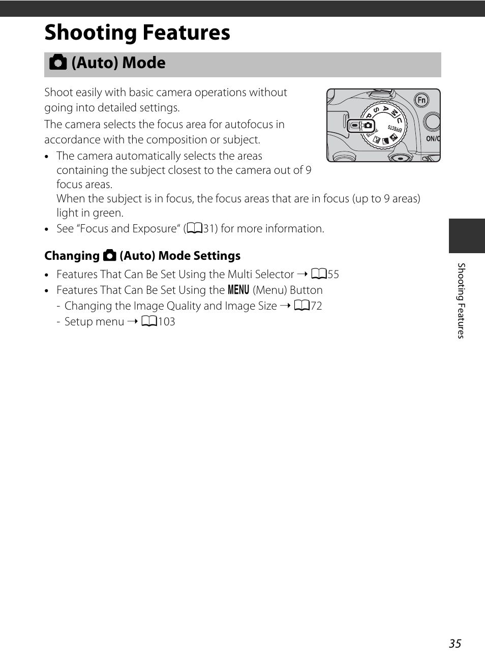 Shooting features, Auto mode, A (auto) mode | A35) | Nikon P520 User Manual | Page 53 / 244