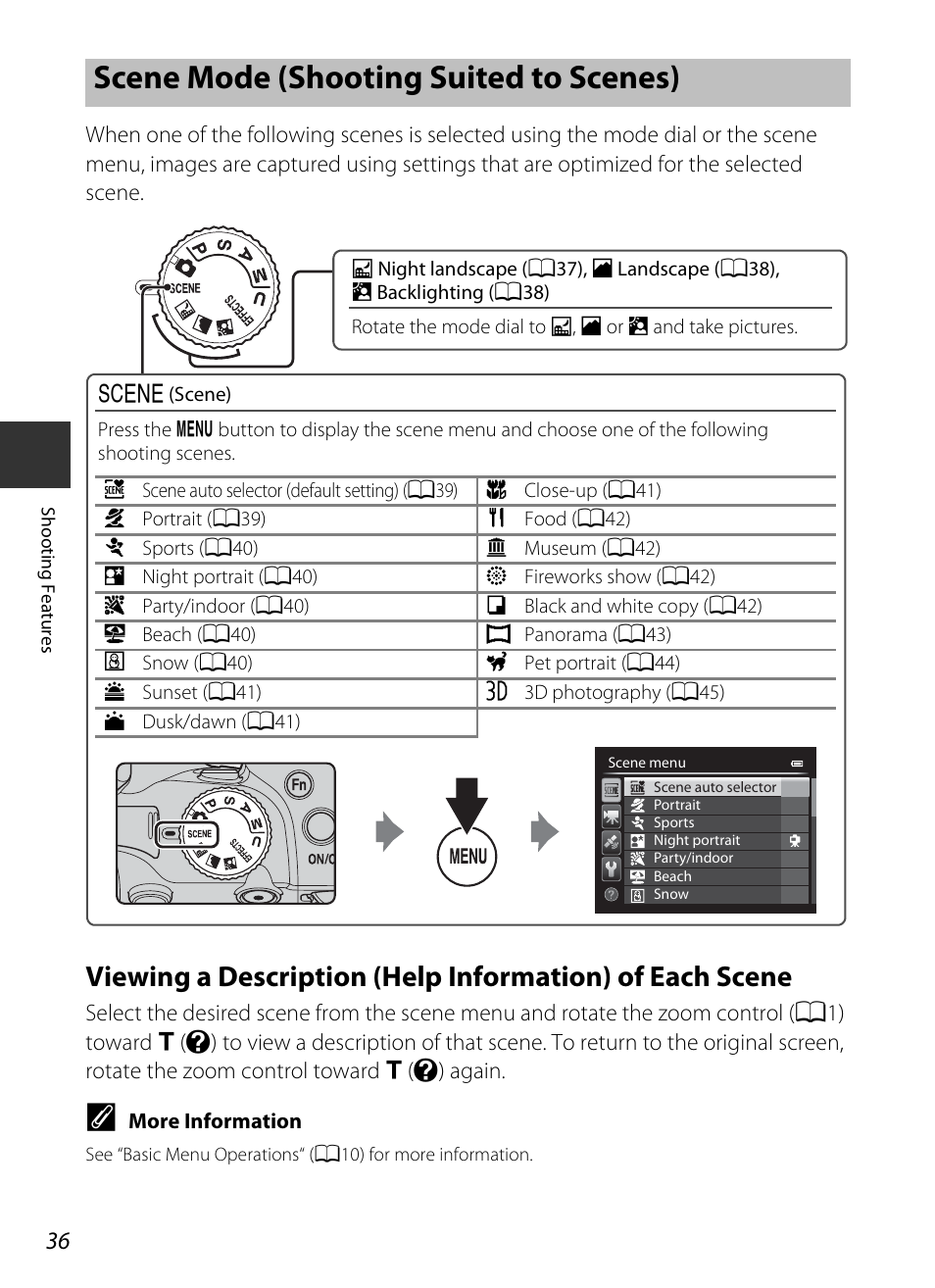 Scene mode (shooting suited to scenes), A36), Ed scene | Nikon P520 User Manual | Page 54 / 244