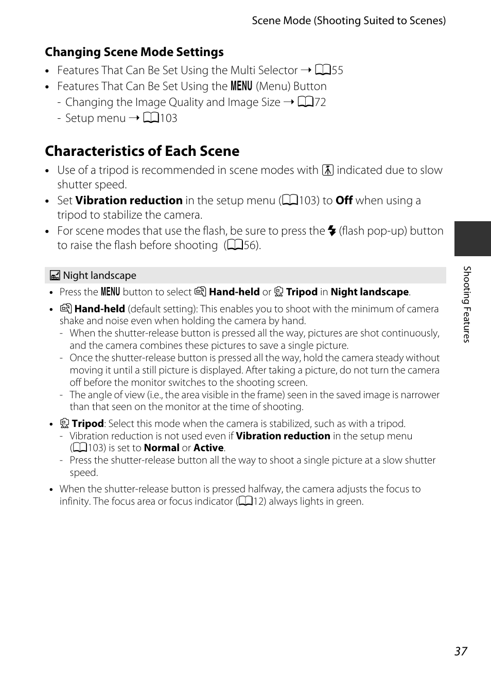 Characteristics of each scene, Ape (a37) | Nikon P520 User Manual | Page 55 / 244