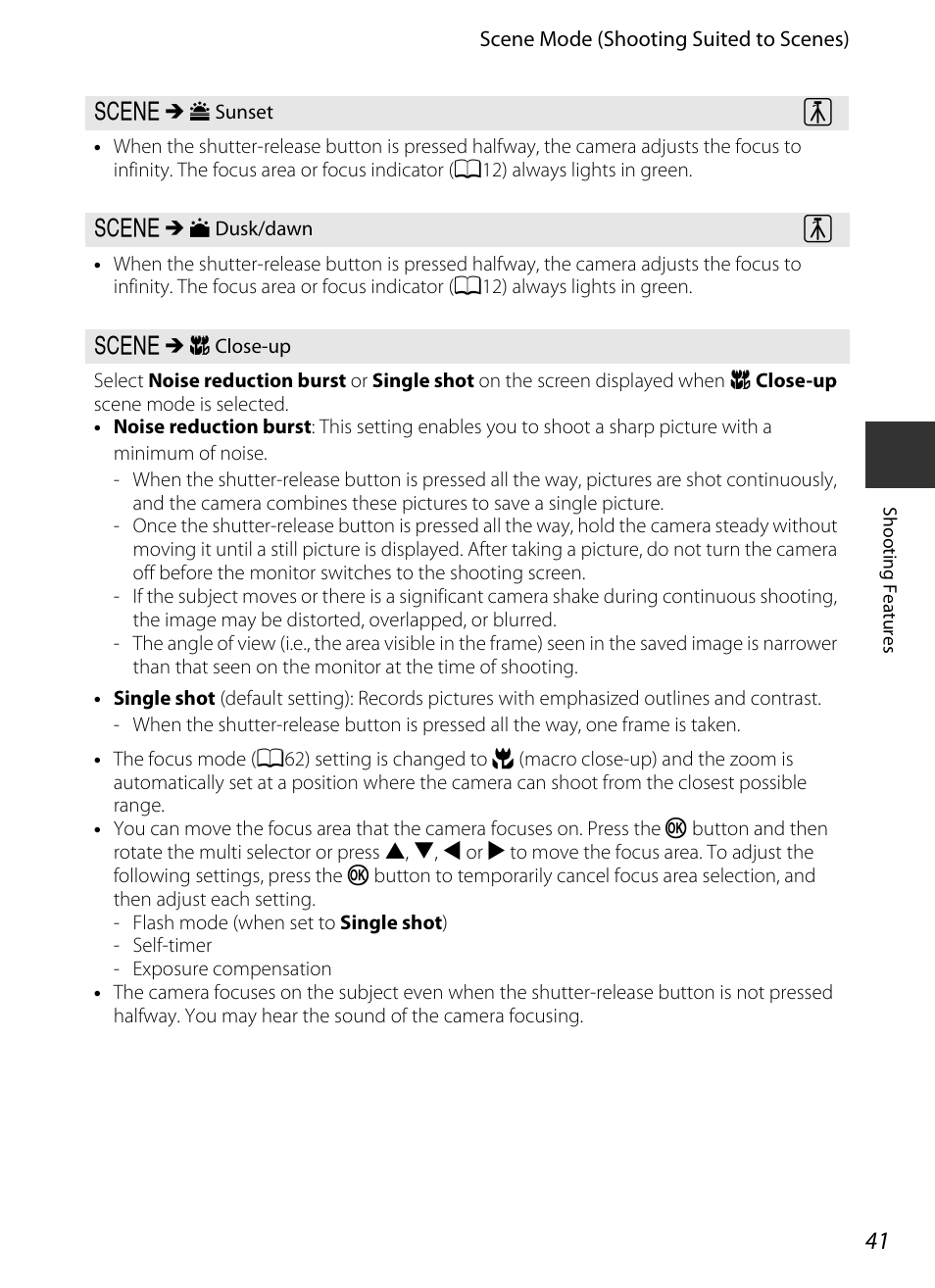 A41) sce, A41), Sunset (a41) | Nikon P520 User Manual | Page 59 / 244