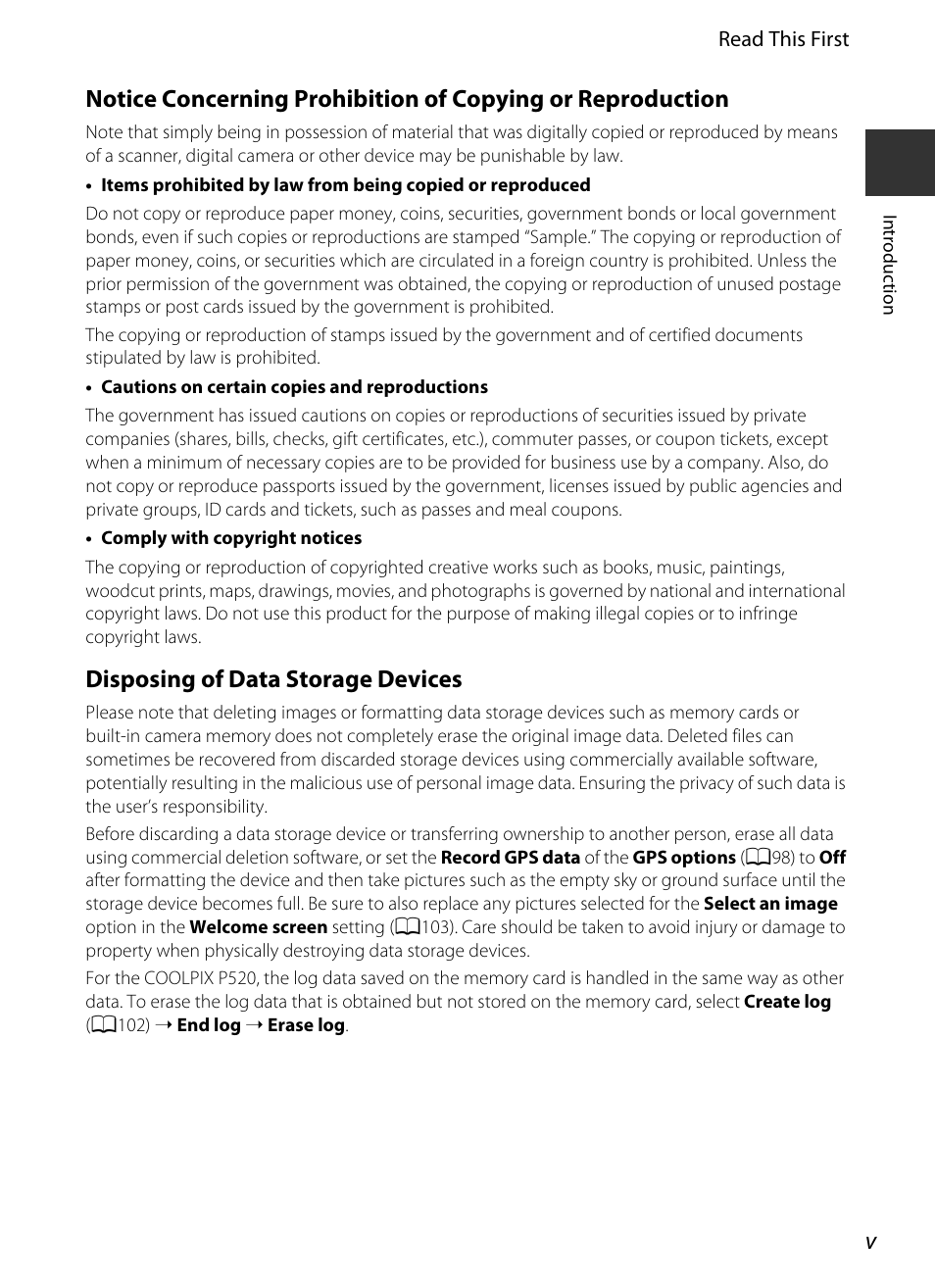 Disposing of data storage devices | Nikon P520 User Manual | Page 7 / 244