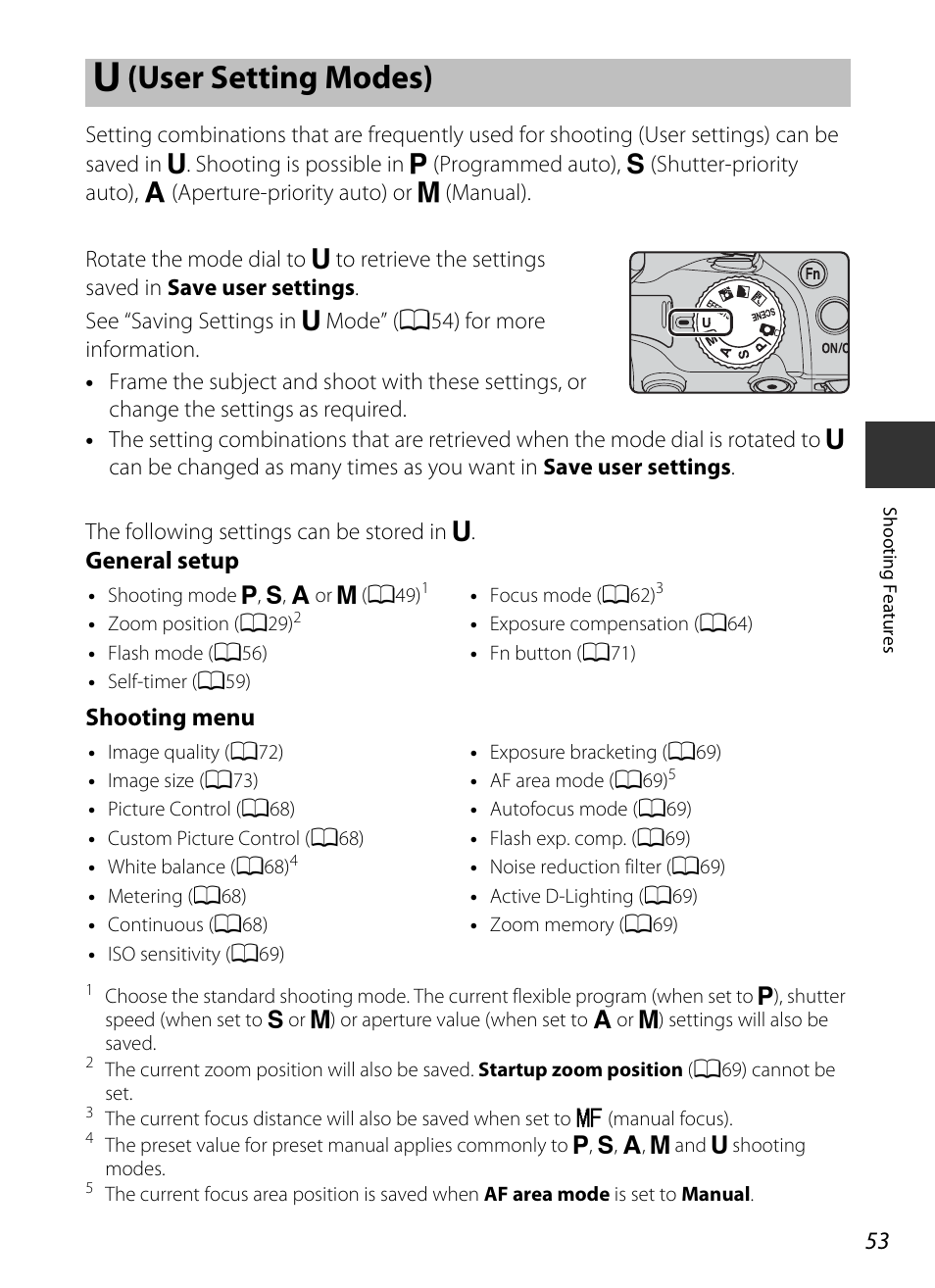 U (user setting modes), M (user setting modes), A53) | General setup shooting menu | Nikon P520 User Manual | Page 71 / 244