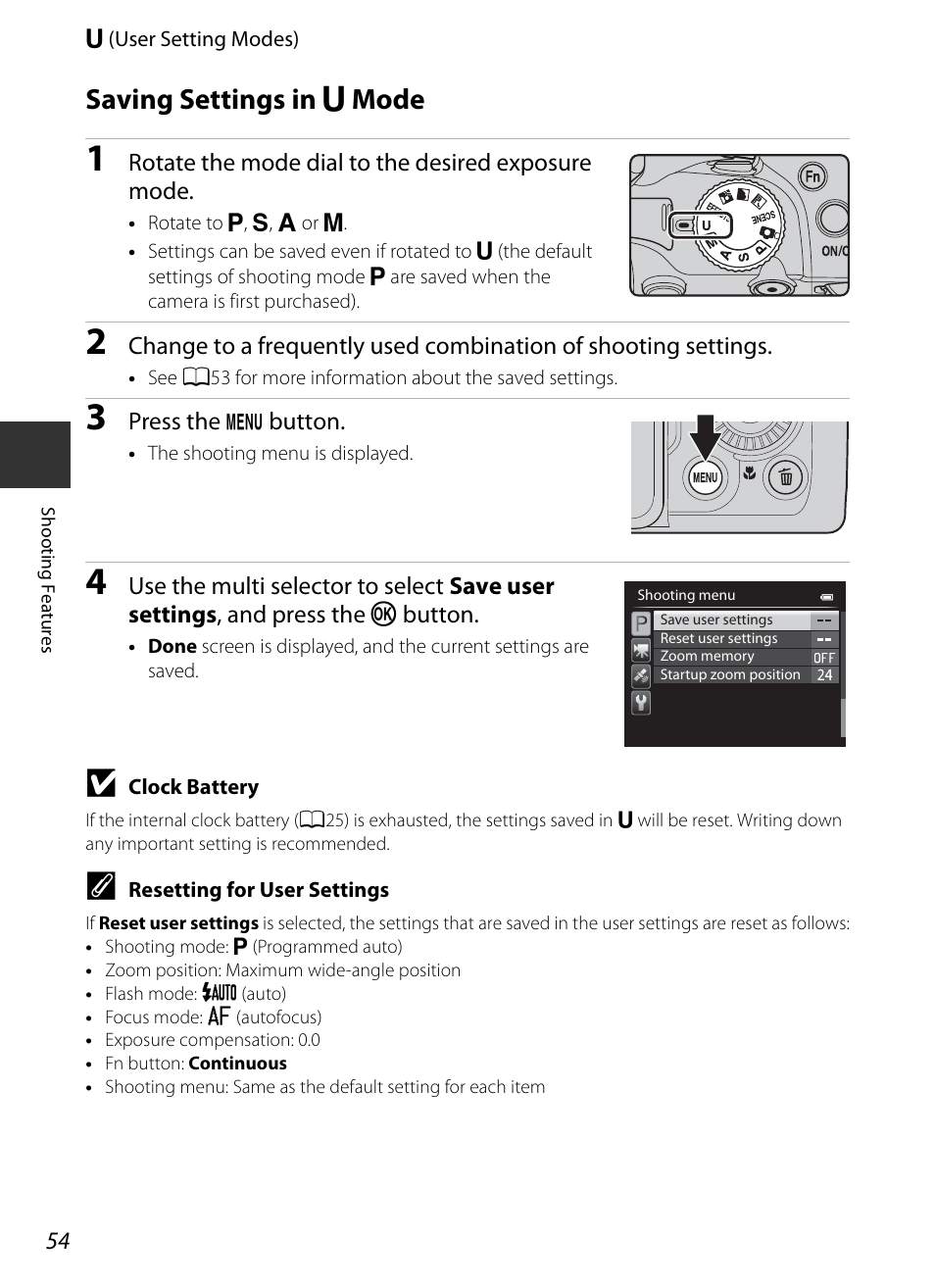 Saving settings in u mode, Saving settings in, M mode | M mode” (a54), Saving settings in m mode | Nikon P520 User Manual | Page 72 / 244