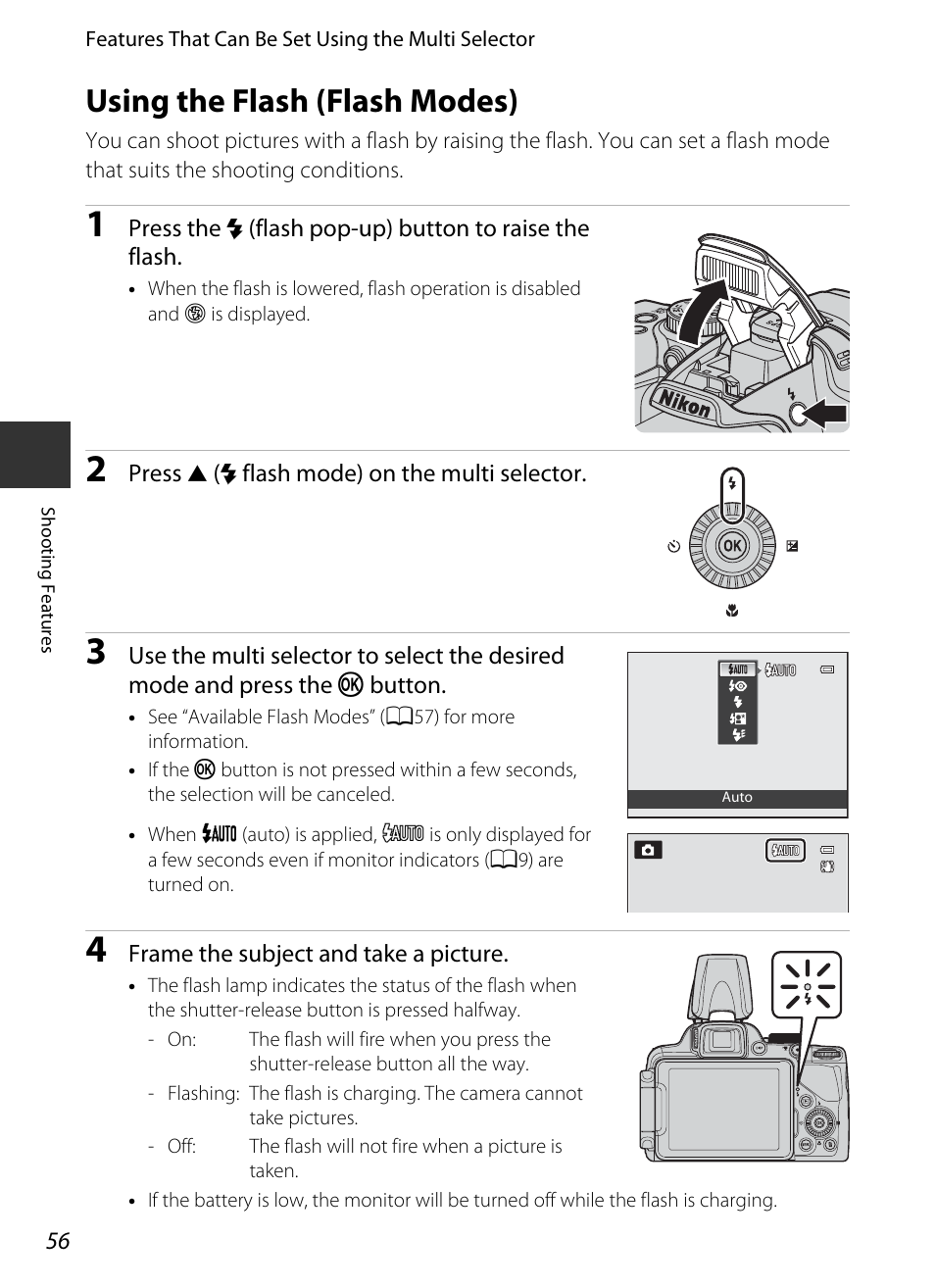 Using the flash (flash modes), A56) | Nikon P520 User Manual | Page 74 / 244