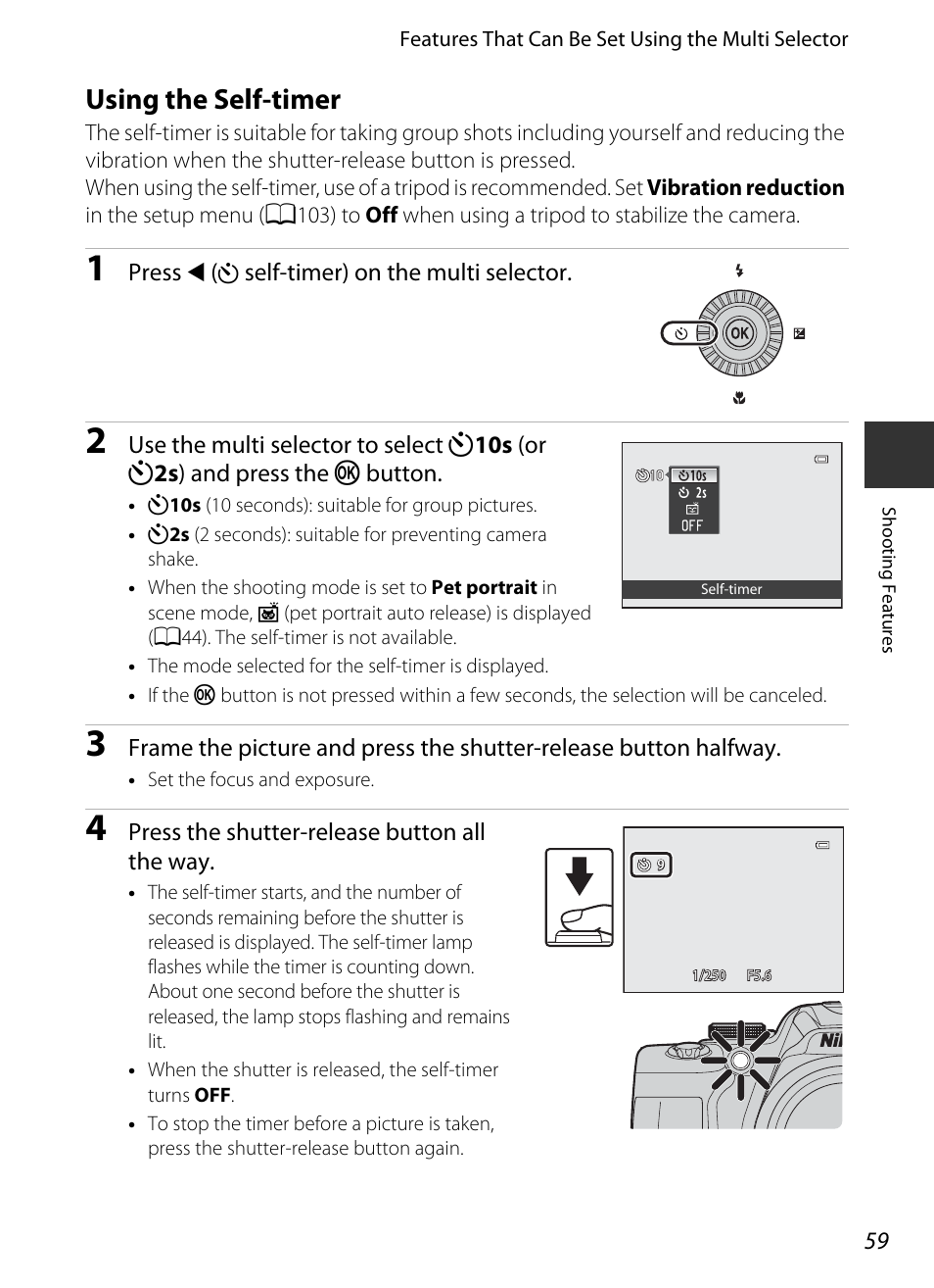 Using the self-timer, A59), Imer | Imer (a59) | Nikon P520 User Manual | Page 77 / 244