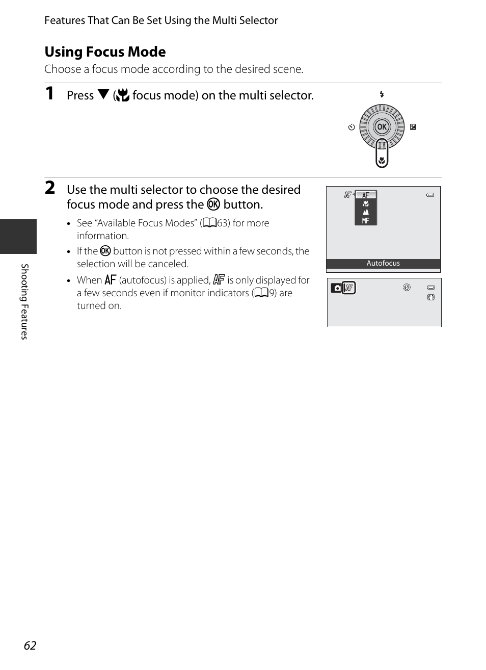 Using focus mode, A62) | Nikon P520 User Manual | Page 80 / 244