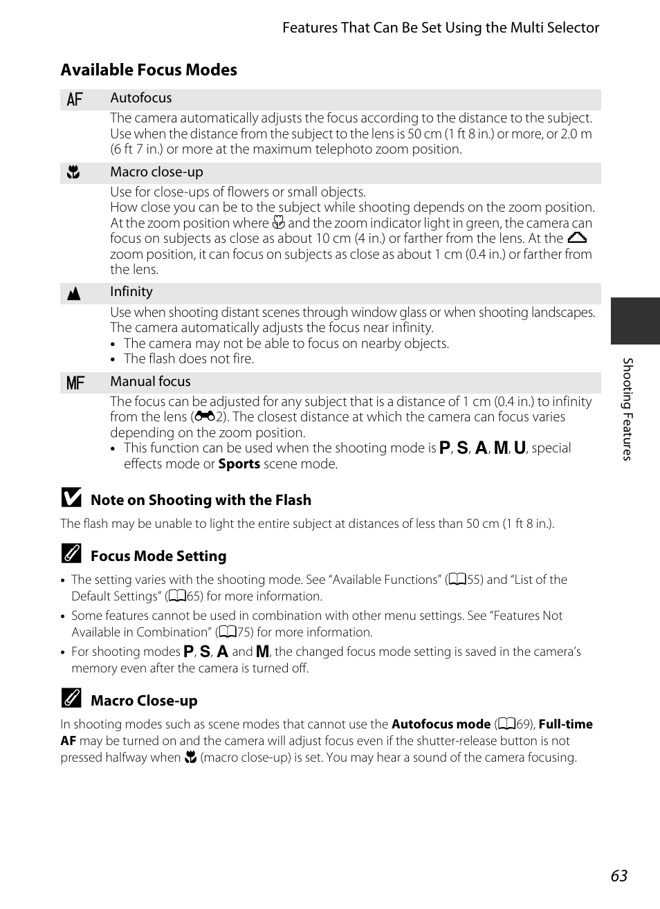 A63) in, Available focus modes, A63) f | Nikon P520 User Manual | Page 81 / 244