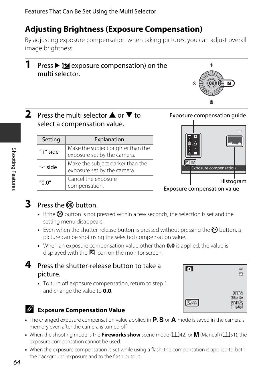 Adjusting brightness (exposure compensation), A64) | Nikon P520 User Manual | Page 82 / 244