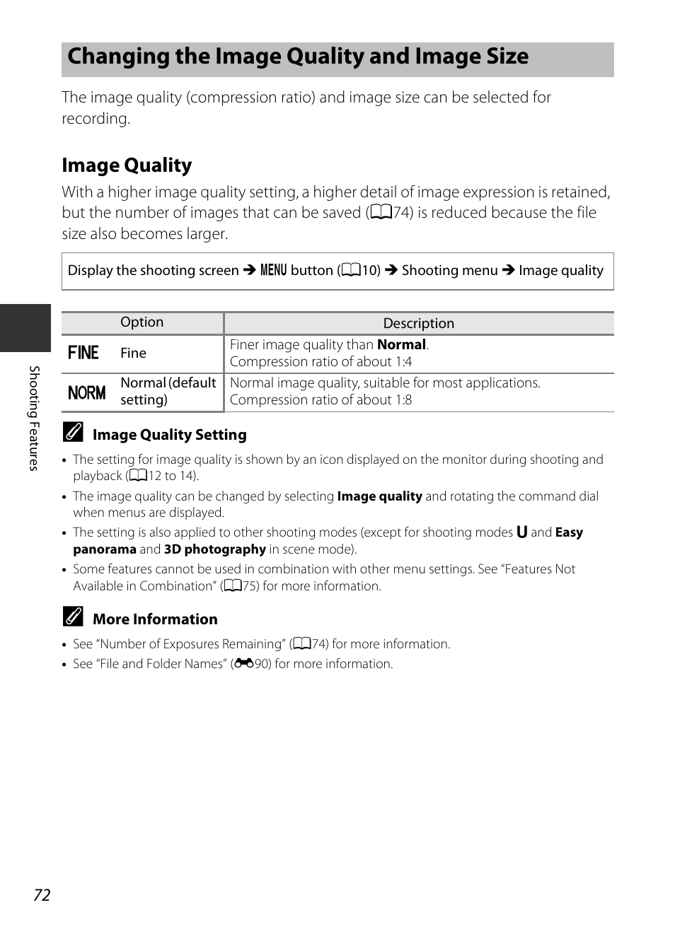 Changing the image quality and image size, Image quality, A72) | Nikon P520 User Manual | Page 90 / 244