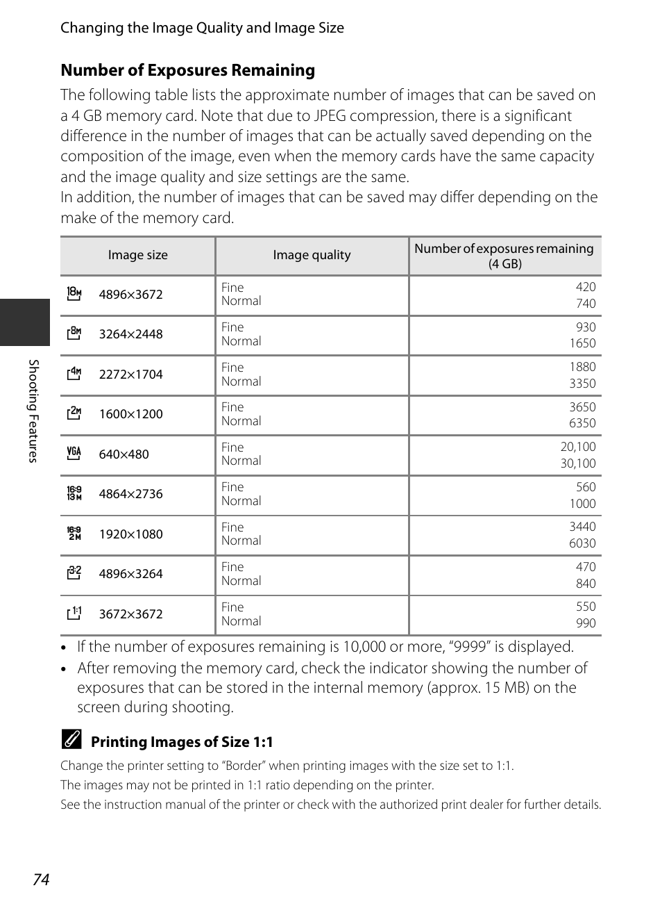 A74) is reduced beca, Number of exposures remaining, A74) | Nikon P520 User Manual | Page 92 / 244