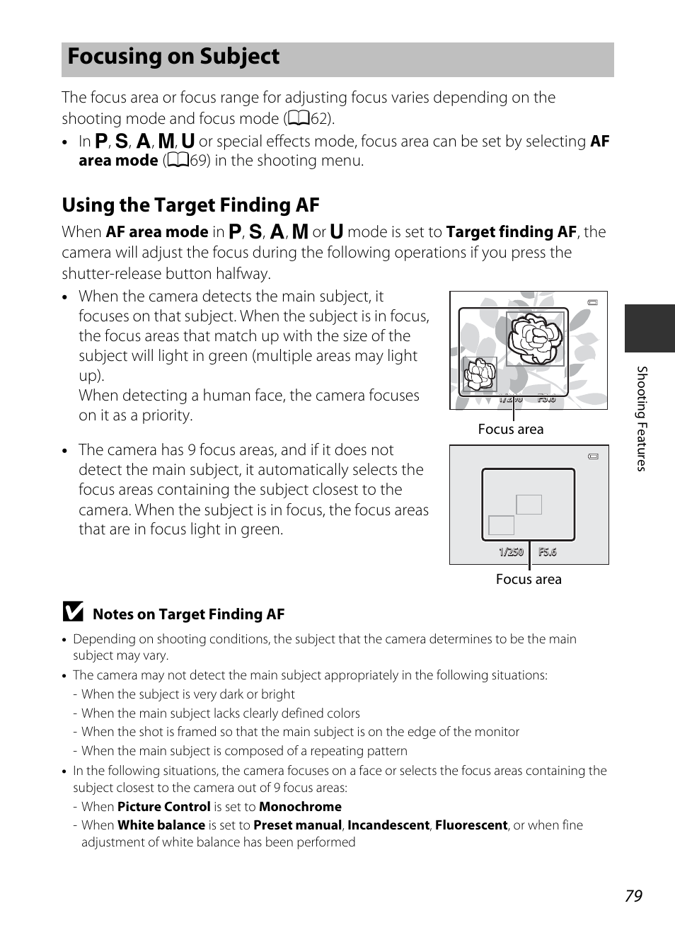 Focusing on subject, Using the target finding af, Ee “focusing on subject | A79) | Nikon P520 User Manual | Page 97 / 244