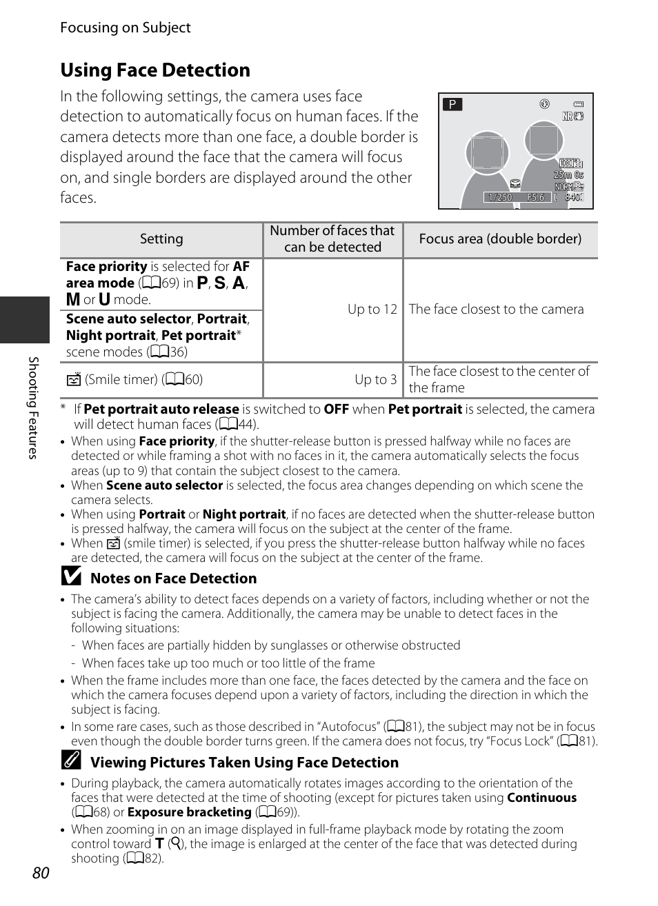 Using face detection, A80) or, A80) | E “viewing pictures taken using face detection | Nikon P520 User Manual | Page 98 / 244