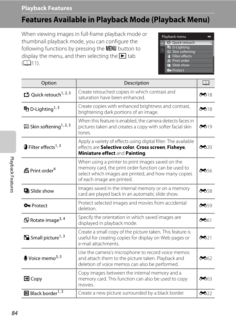 A84), Playback features | Nikon P310 User Manual | Page 102 / 244