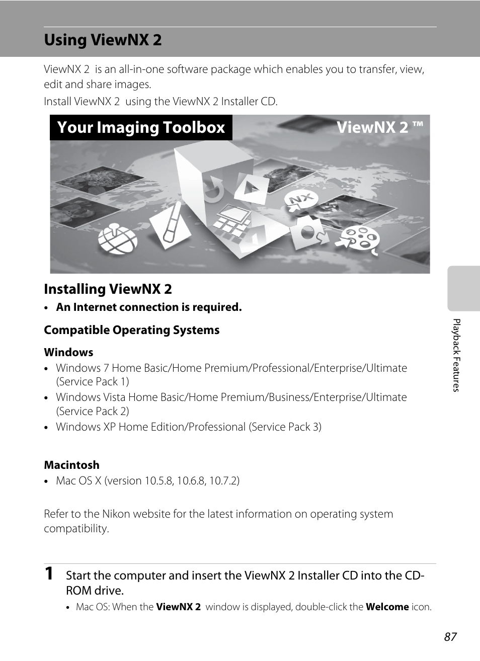 Using viewnx 2, Installing viewnx 2, A87) | Your imaging toolbox viewnx 2 | Nikon P310 User Manual | Page 105 / 244