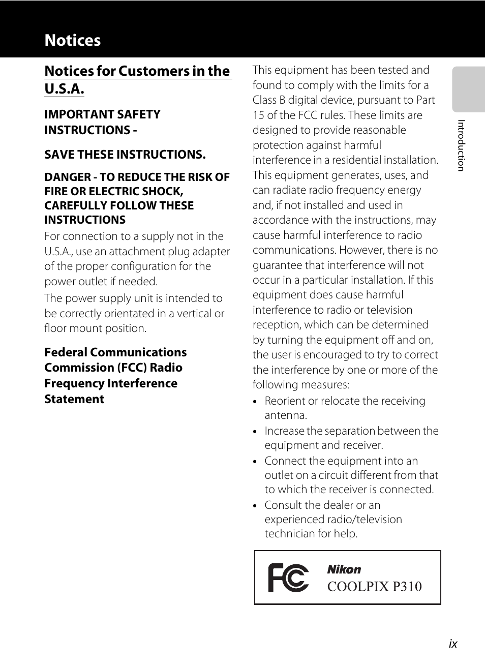 Notices, Notices for customers in the u.s.a | Nikon P310 User Manual | Page 11 / 244