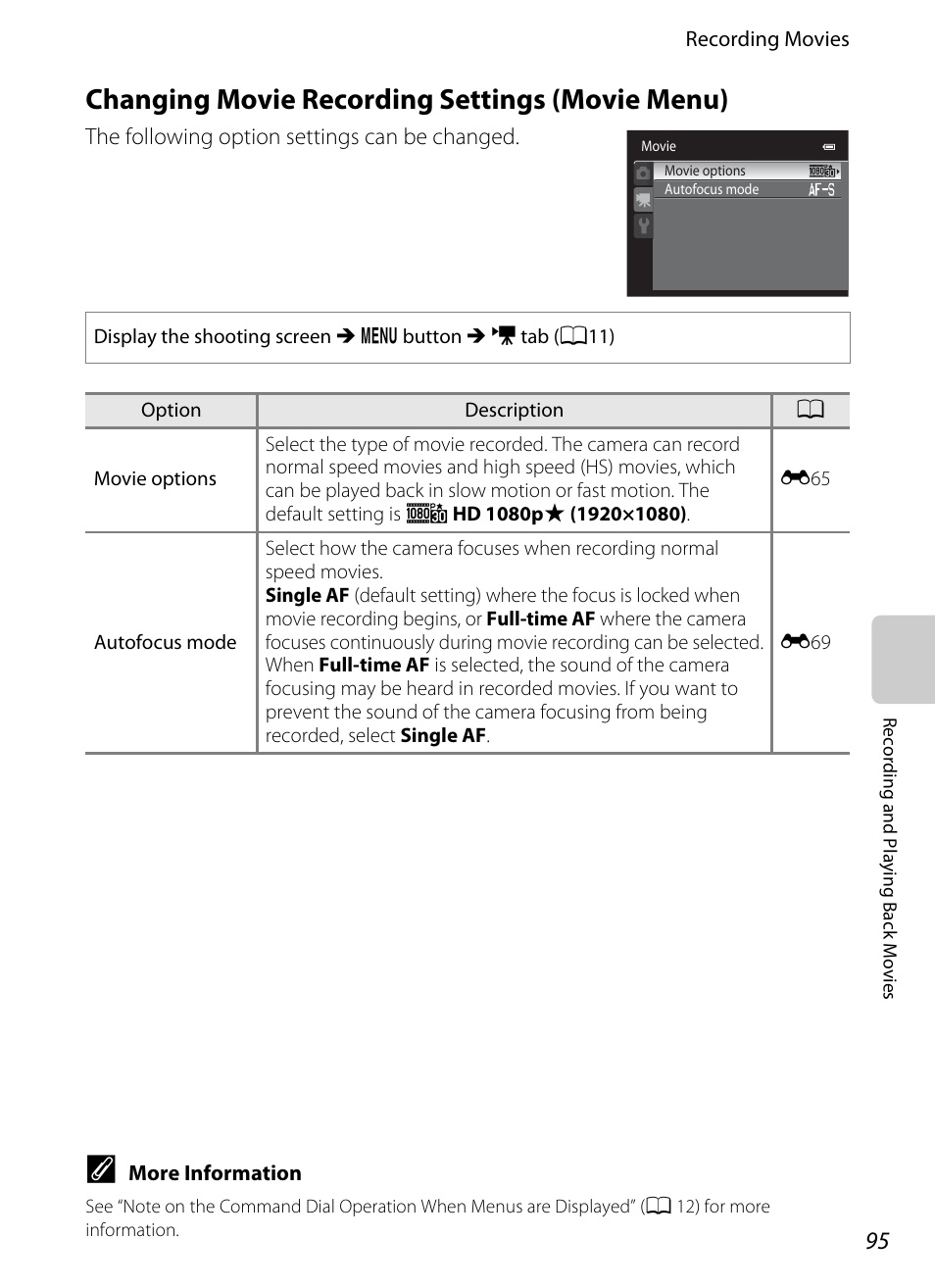 Changing movie recording settings (movie menu), A95) i, A95) | Nikon P310 User Manual | Page 113 / 244
