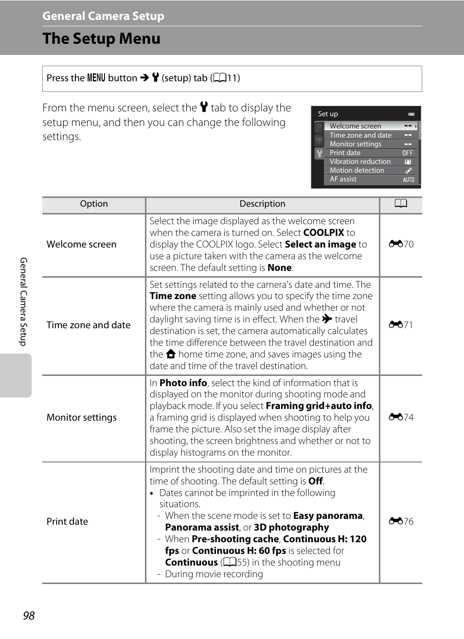 The setup menu, A98), A98) to | Setup menu, General camera setup | Nikon P310 User Manual | Page 116 / 244