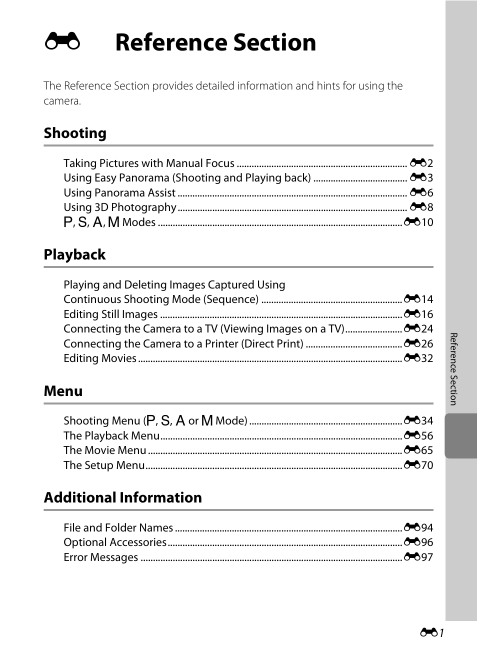 Reference section, Shooting, Playback | Menu, Additional information | Nikon P310 User Manual | Page 121 / 244