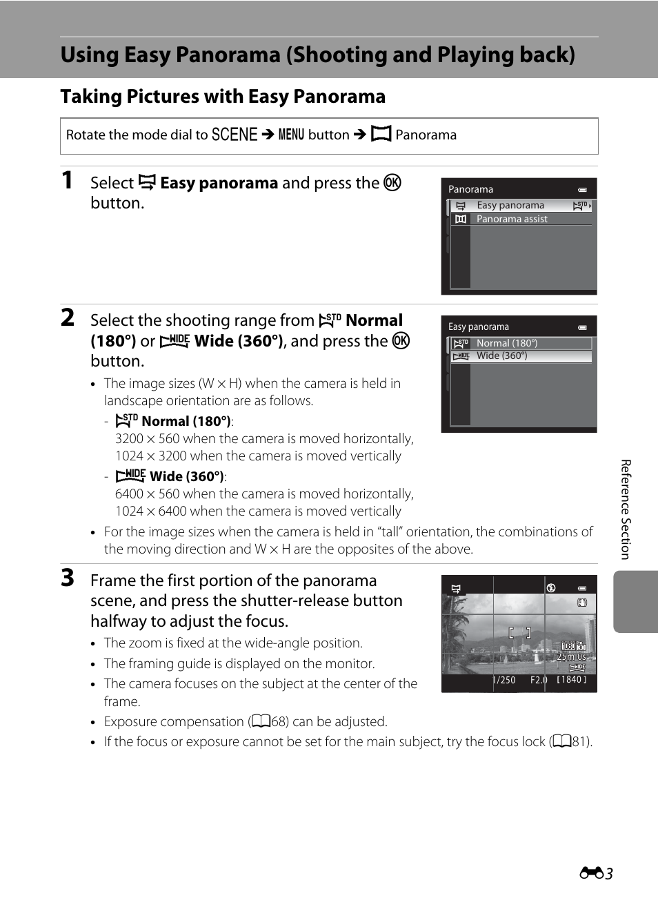 Using easy panorama (shooting and playing back), Taking pictures with easy panorama, Select v easy panorama and press the k button | Select the shooting range from, Normal (180°) or, Wide (360°) , and press the k button | Nikon P310 User Manual | Page 123 / 244
