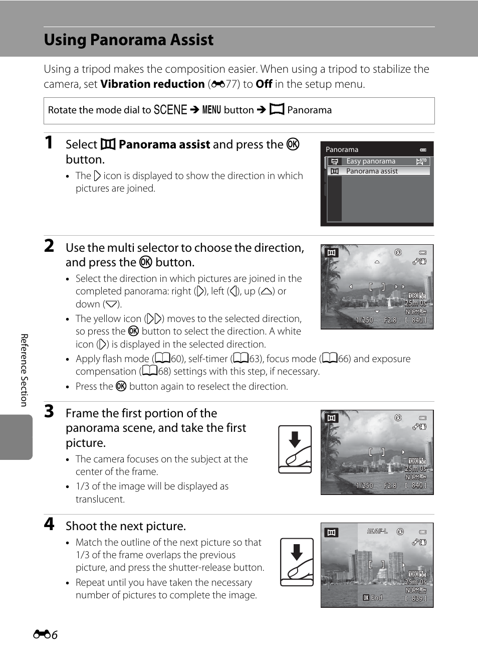 Using panorama assist, Select u panorama assist and press the k button, Shoot the next picture | Nikon P310 User Manual | Page 126 / 244