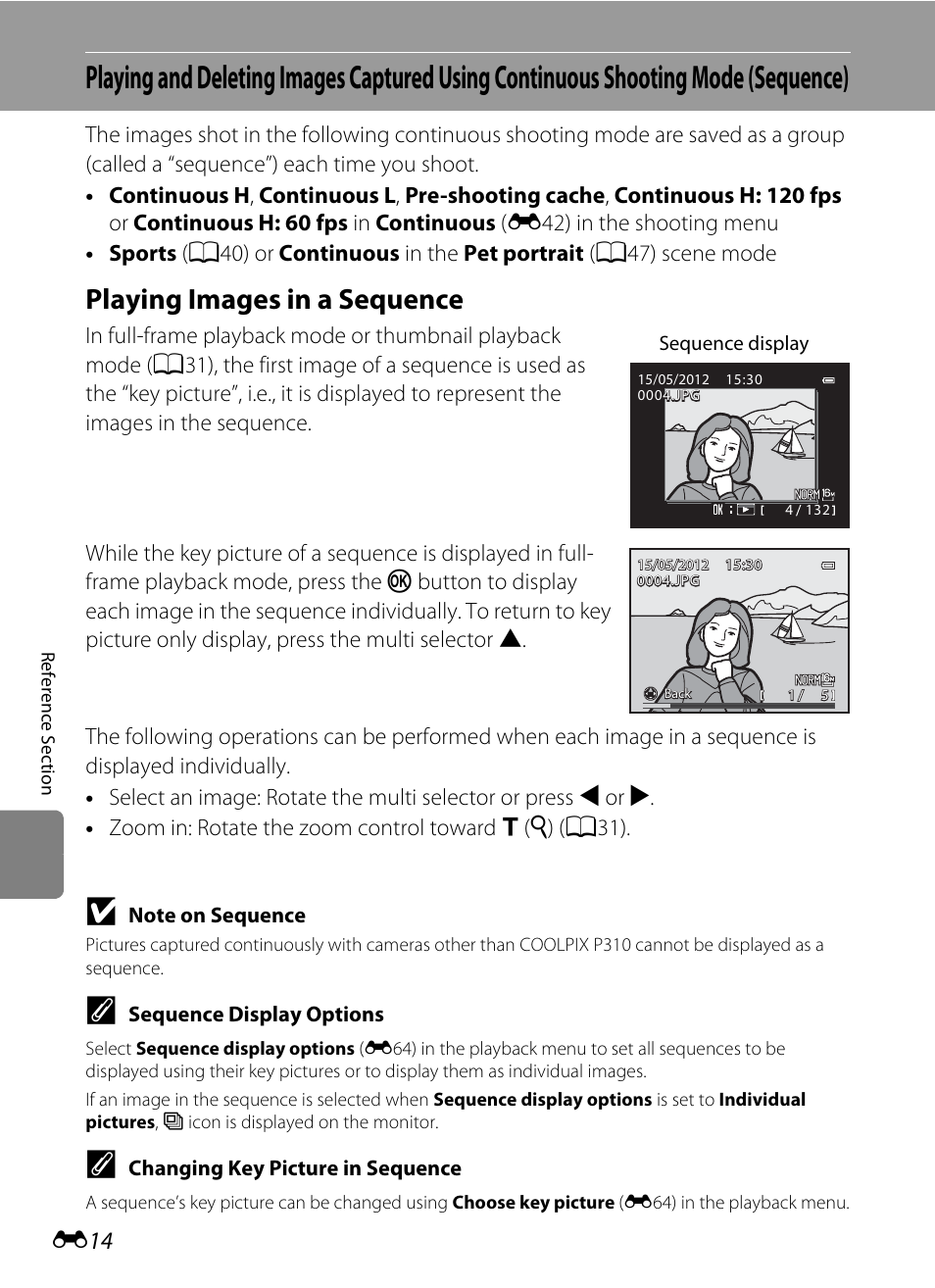 Playing images in a sequence, E14) | Nikon P310 User Manual | Page 134 / 244