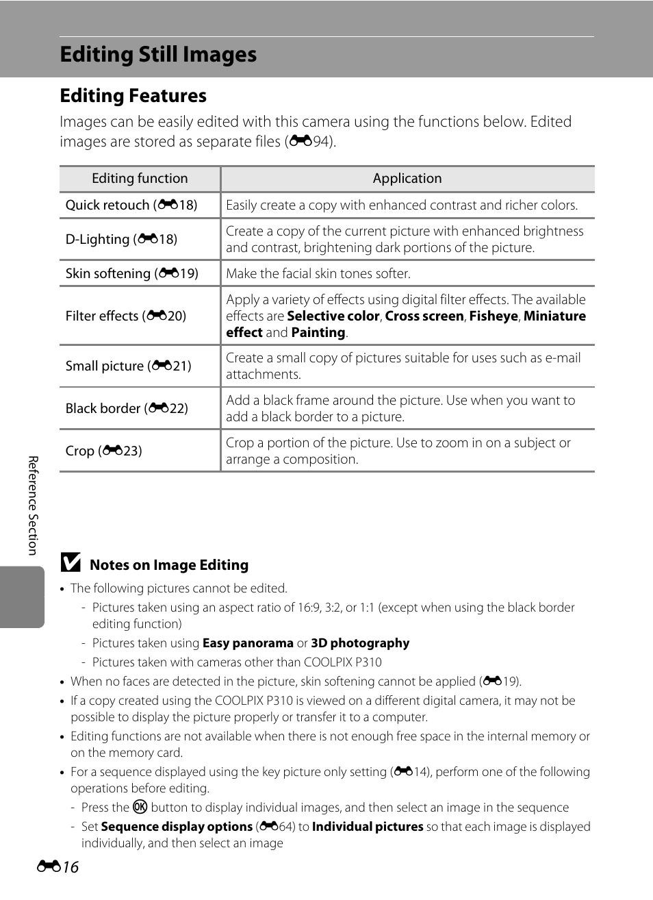 Editing still images, Editing features, E16) and “the playb | Nikon P310 User Manual | Page 136 / 244